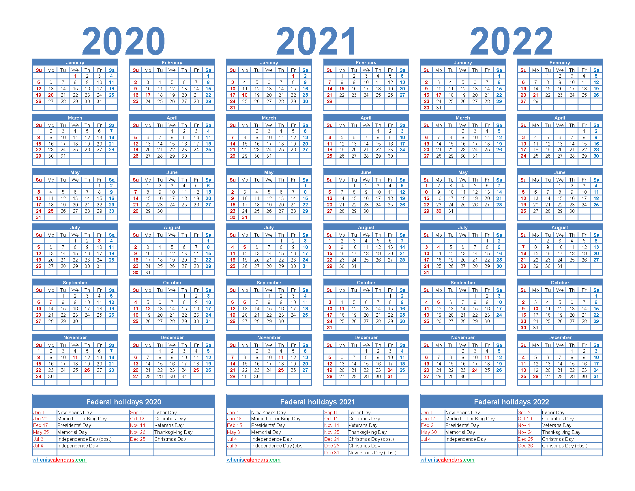 3 Year Calendar 2020 to 2022 Calendar with Holidays ...