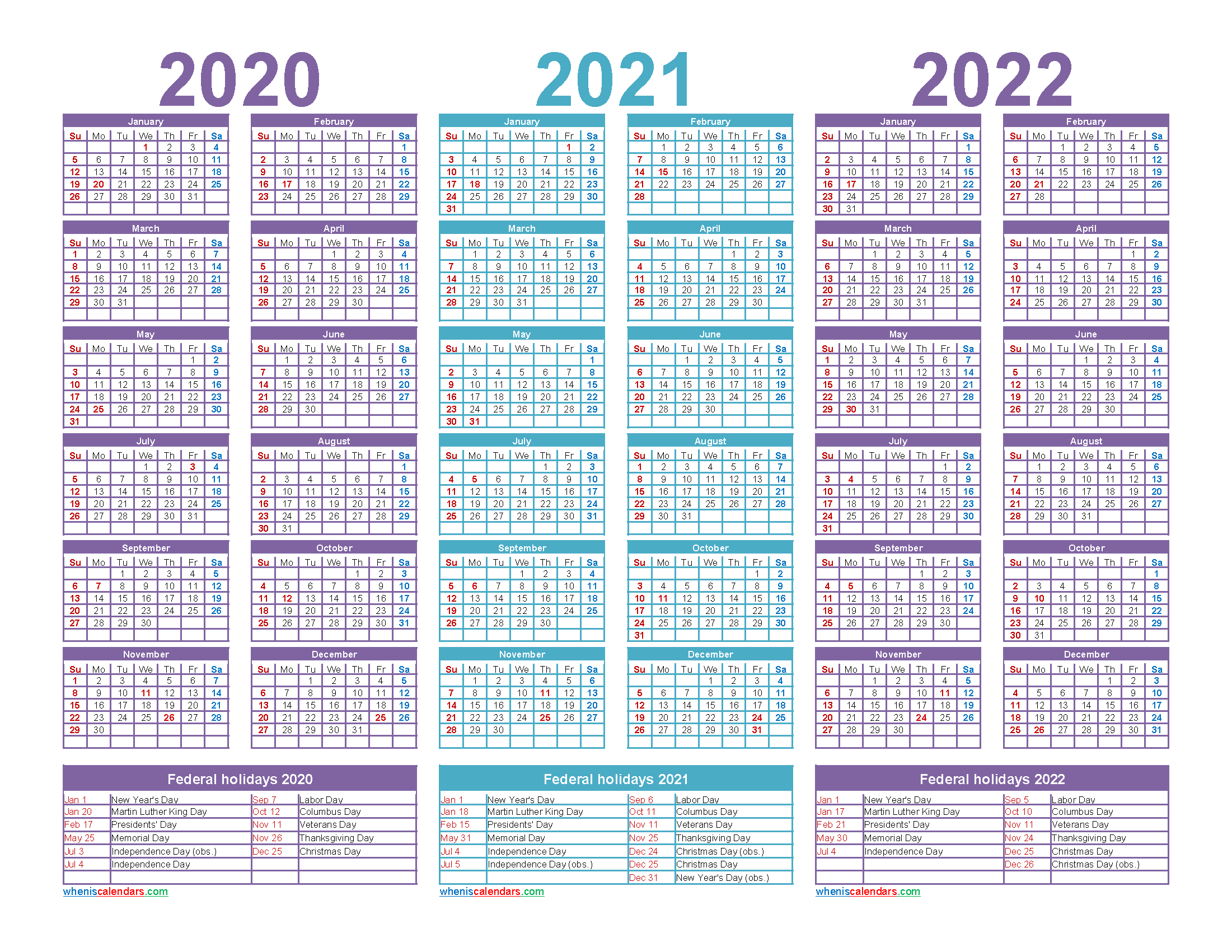 Three Year 2020 to 2022 Calendar Printable Word, PDF