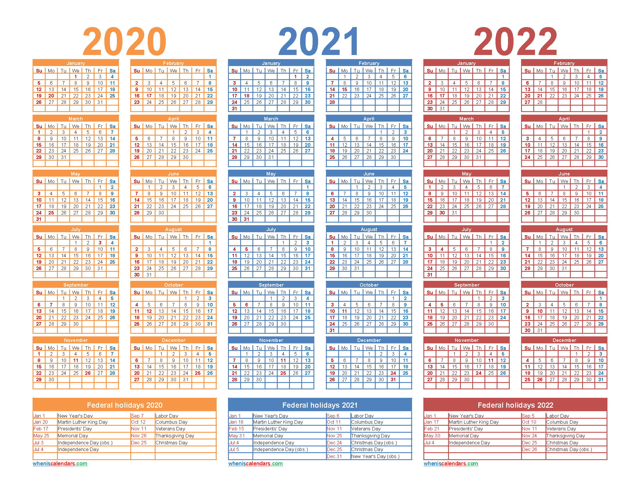 2020 2021 2022 Calendar with Holidays Printable Word