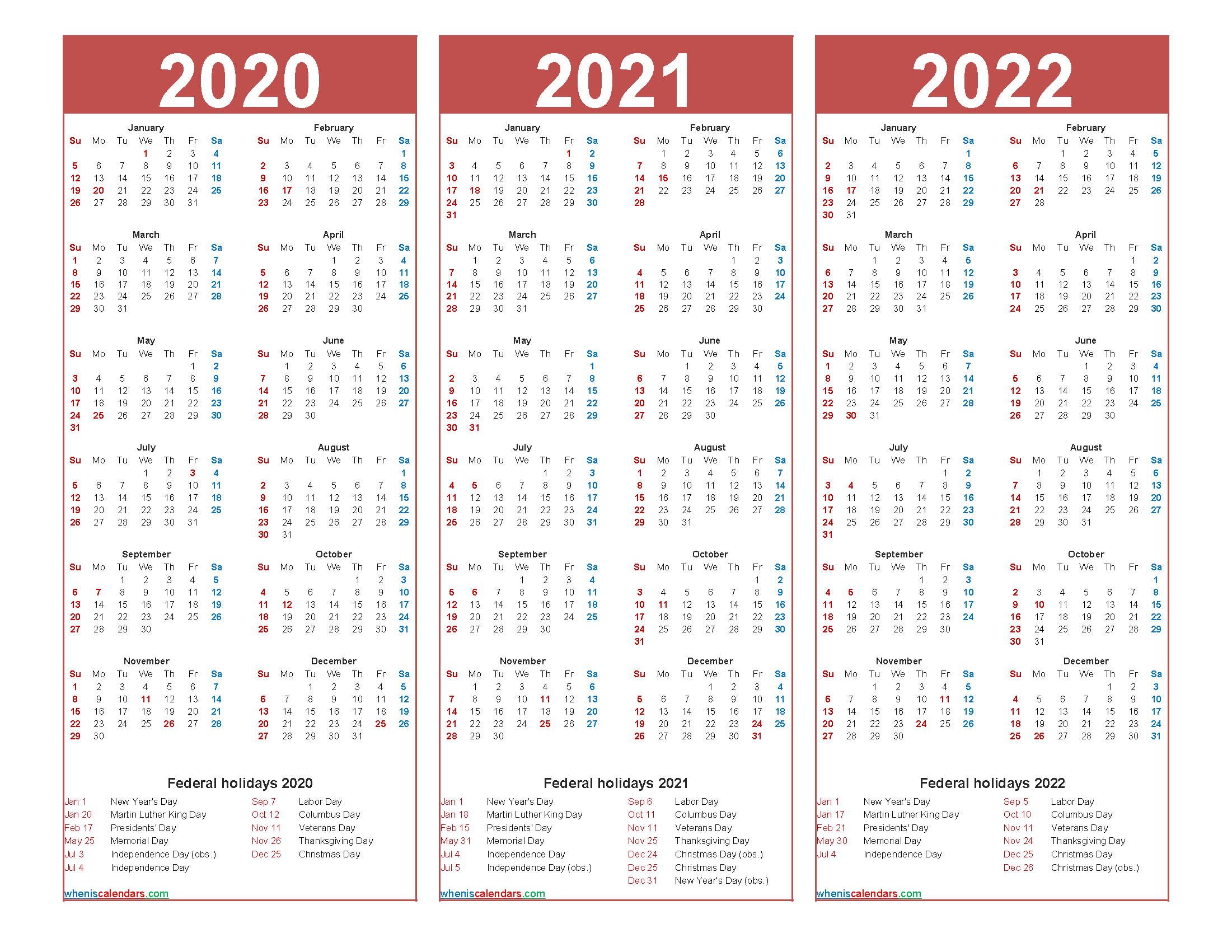 3 Year Calendar 2020 to 2022 Calendar with Holidays Printable