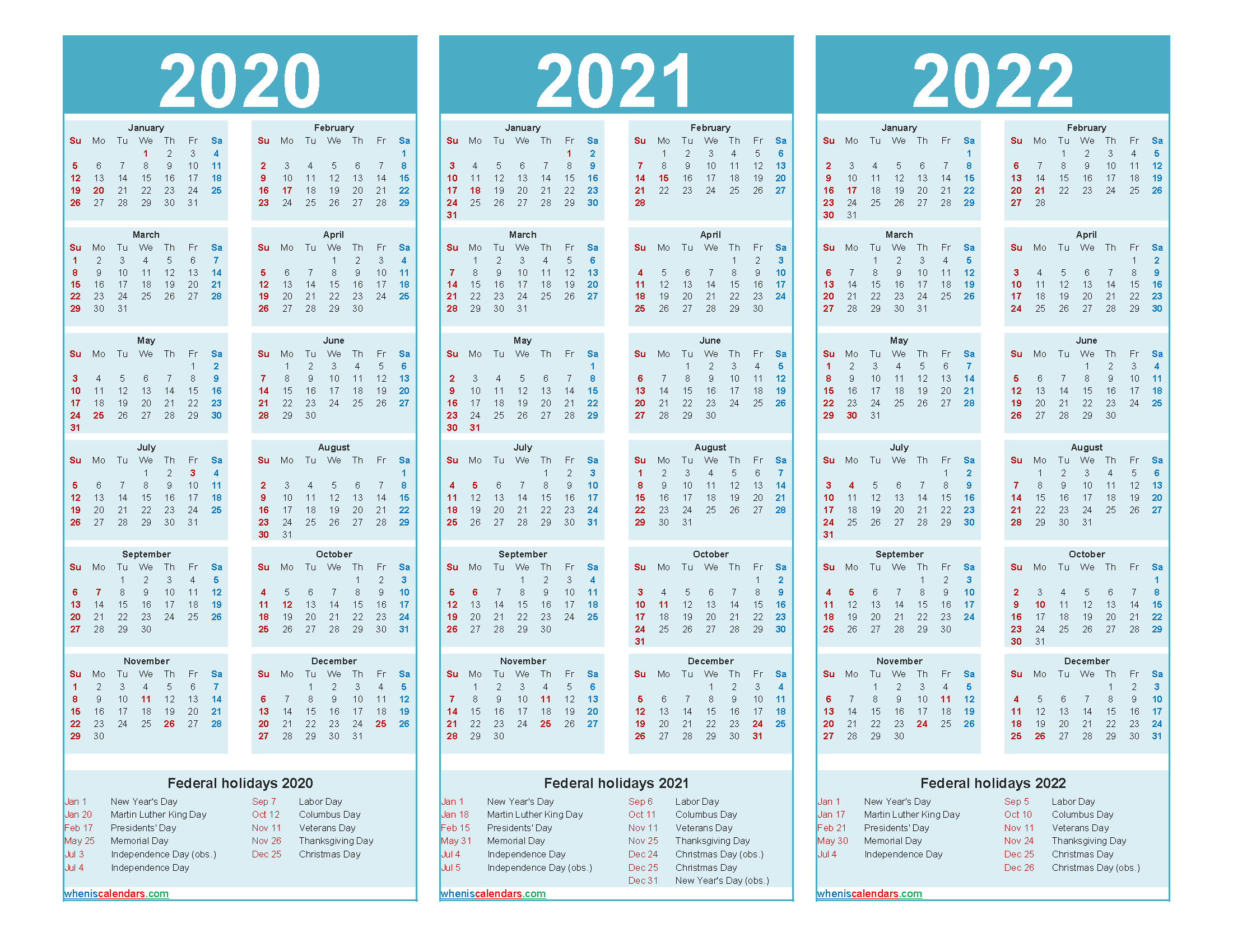 3 Year Calendar 2020 To 2022 Printable Free Printable 2020 Monthly 5020