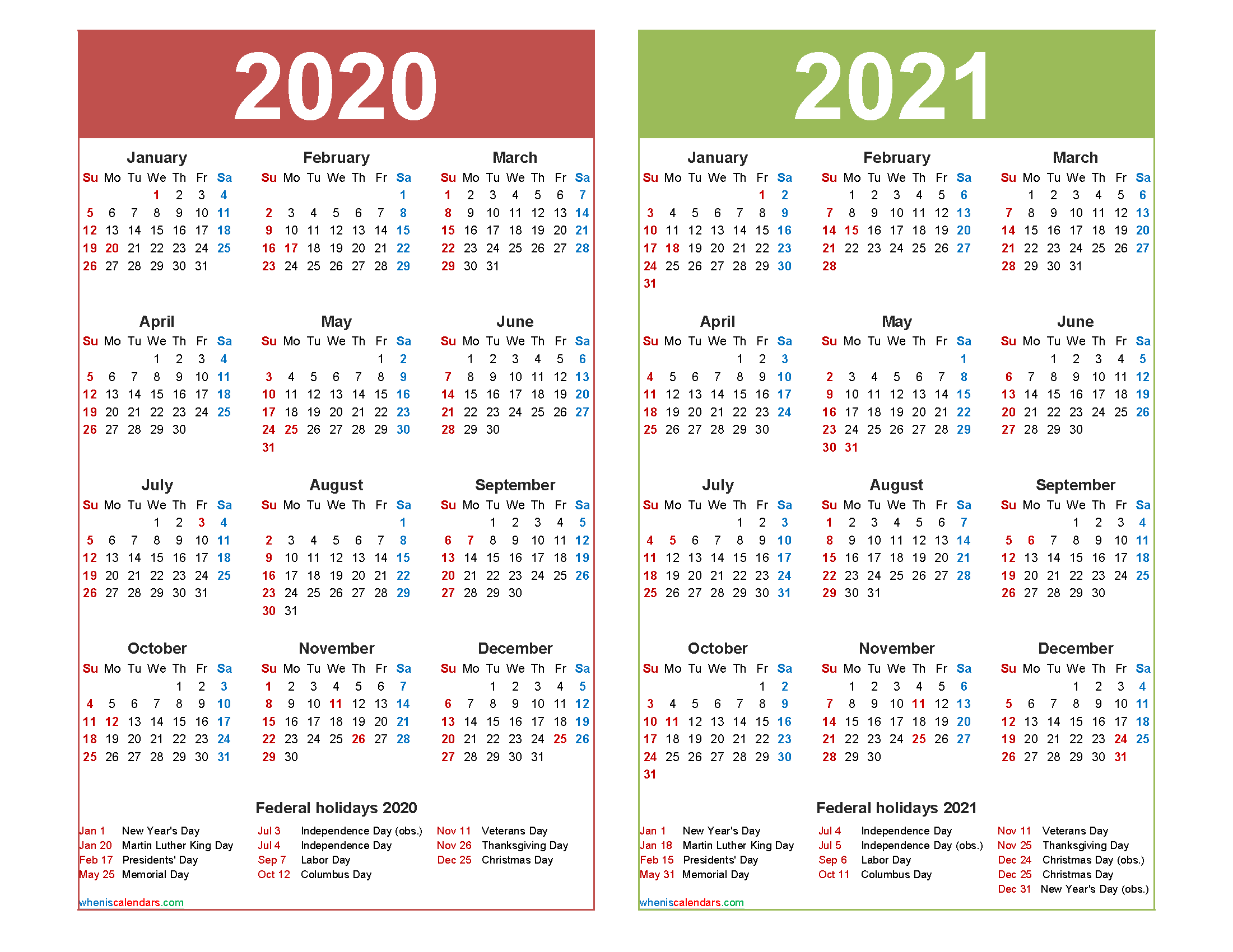 Free 2020 and 2021 Calendar Printable with Holidays - Free ...