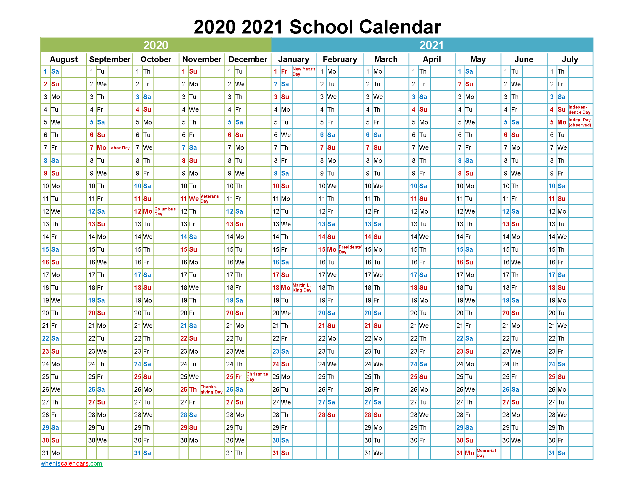 2020 and 2021 School Calendar Printable - Template No.21scl14