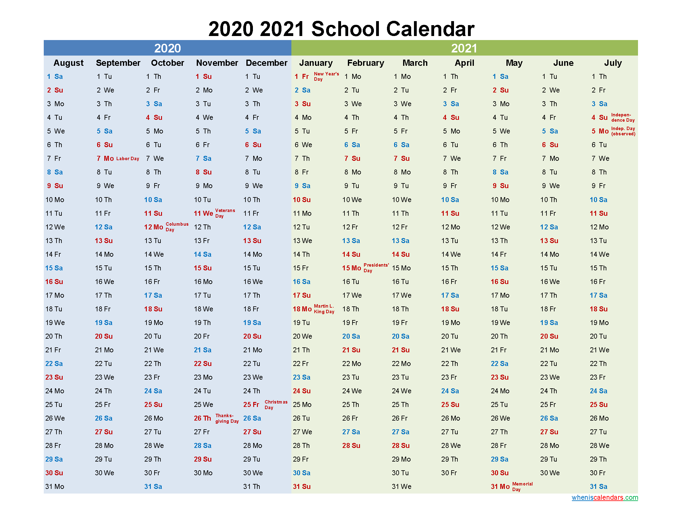 2020 and 2021 School Calendar Printable - Template No.21scl22
