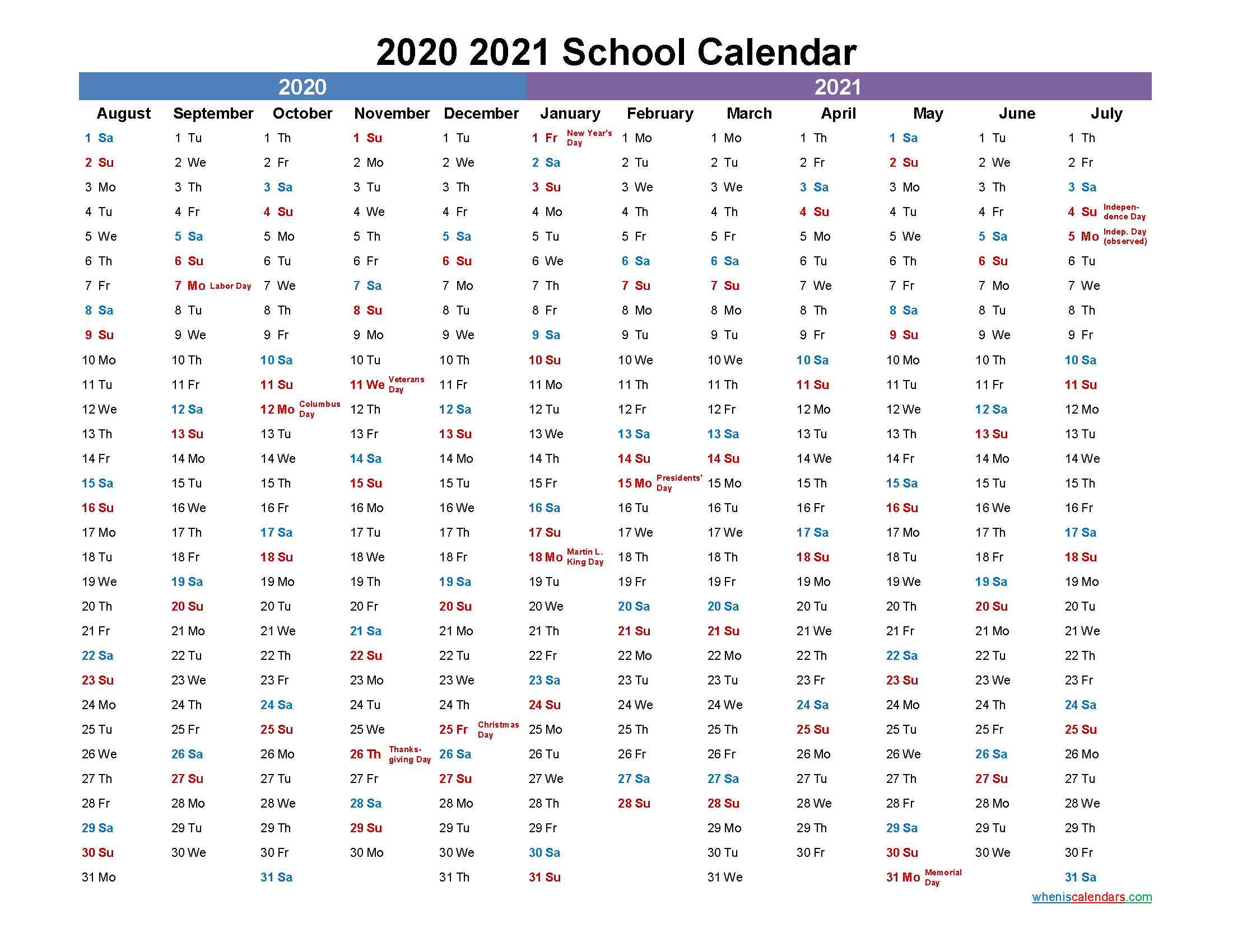 2020 and 2021 School Calendar Printable - Template No.21scl23
