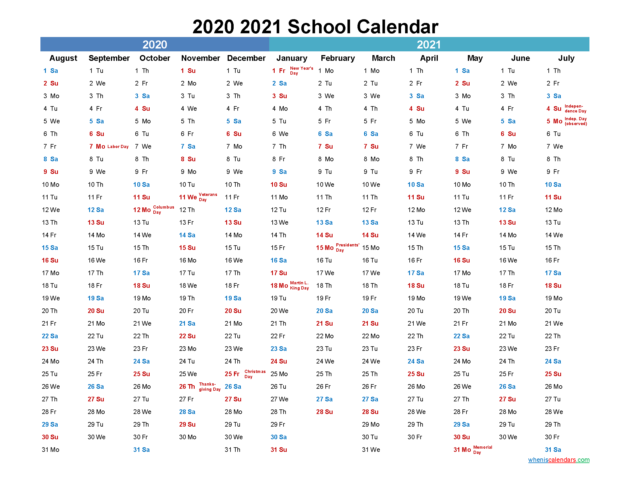 2020 and 2021 School Calendar Printable - Template No.21scl25