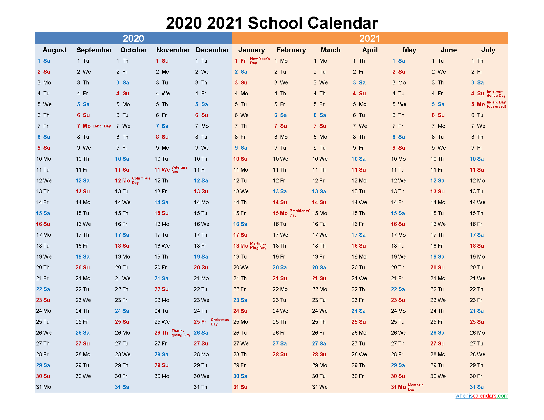 2020 and 2021 School Calendar Printable - Template No.21scl28