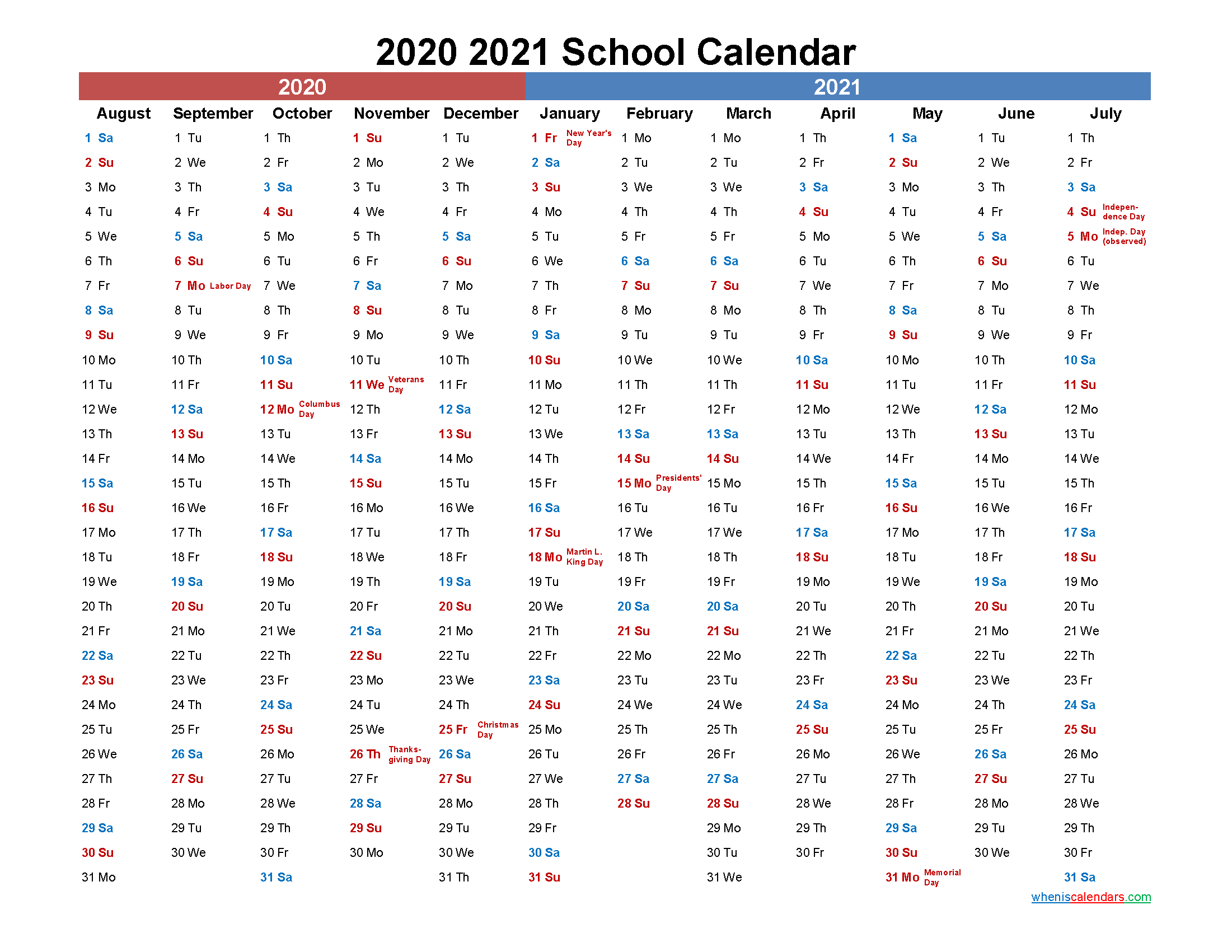 2020 and 2021 School Calendar Printable - Template No.21scl29