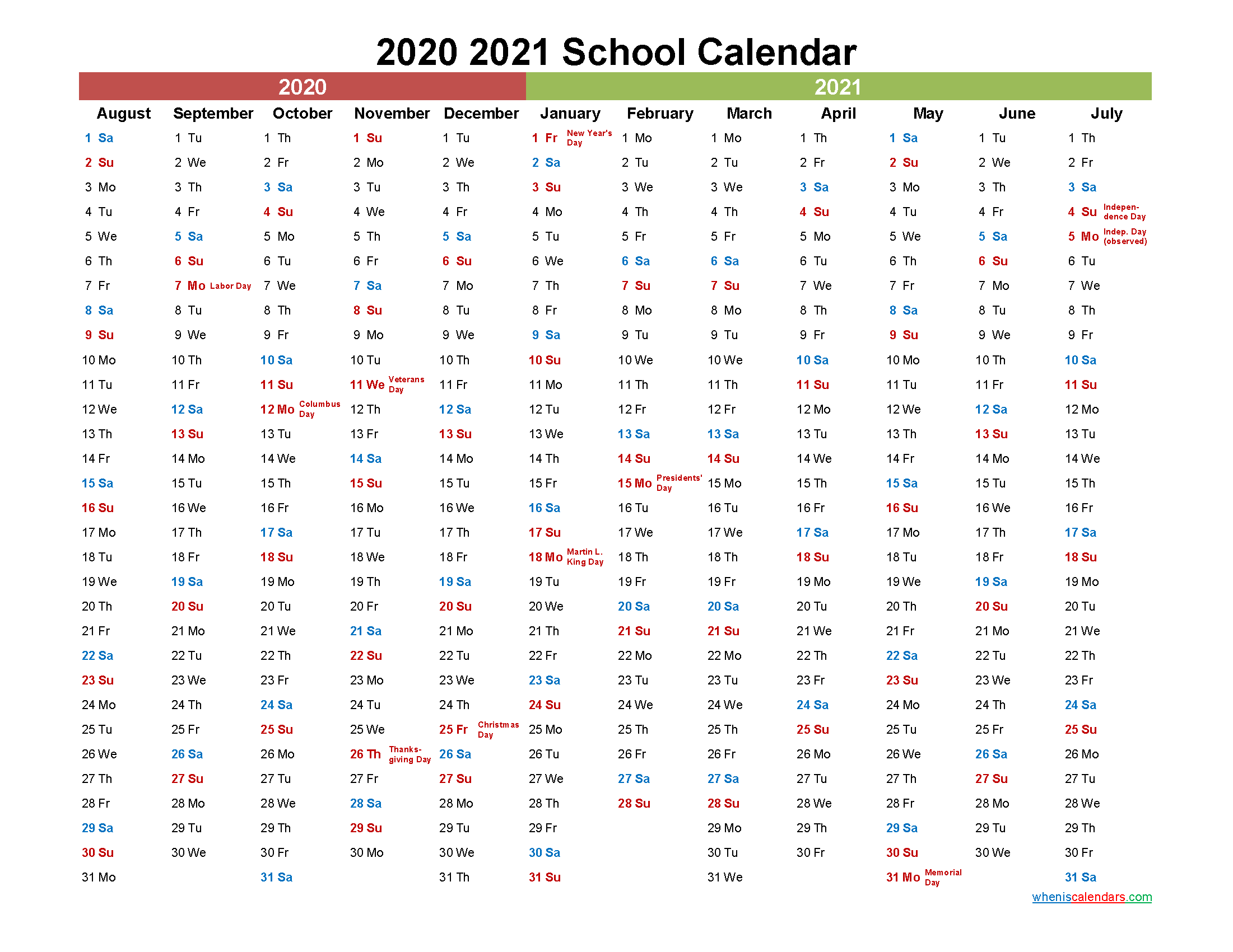 2020 and 2021 School Calendar Printable - Template No.21scl31