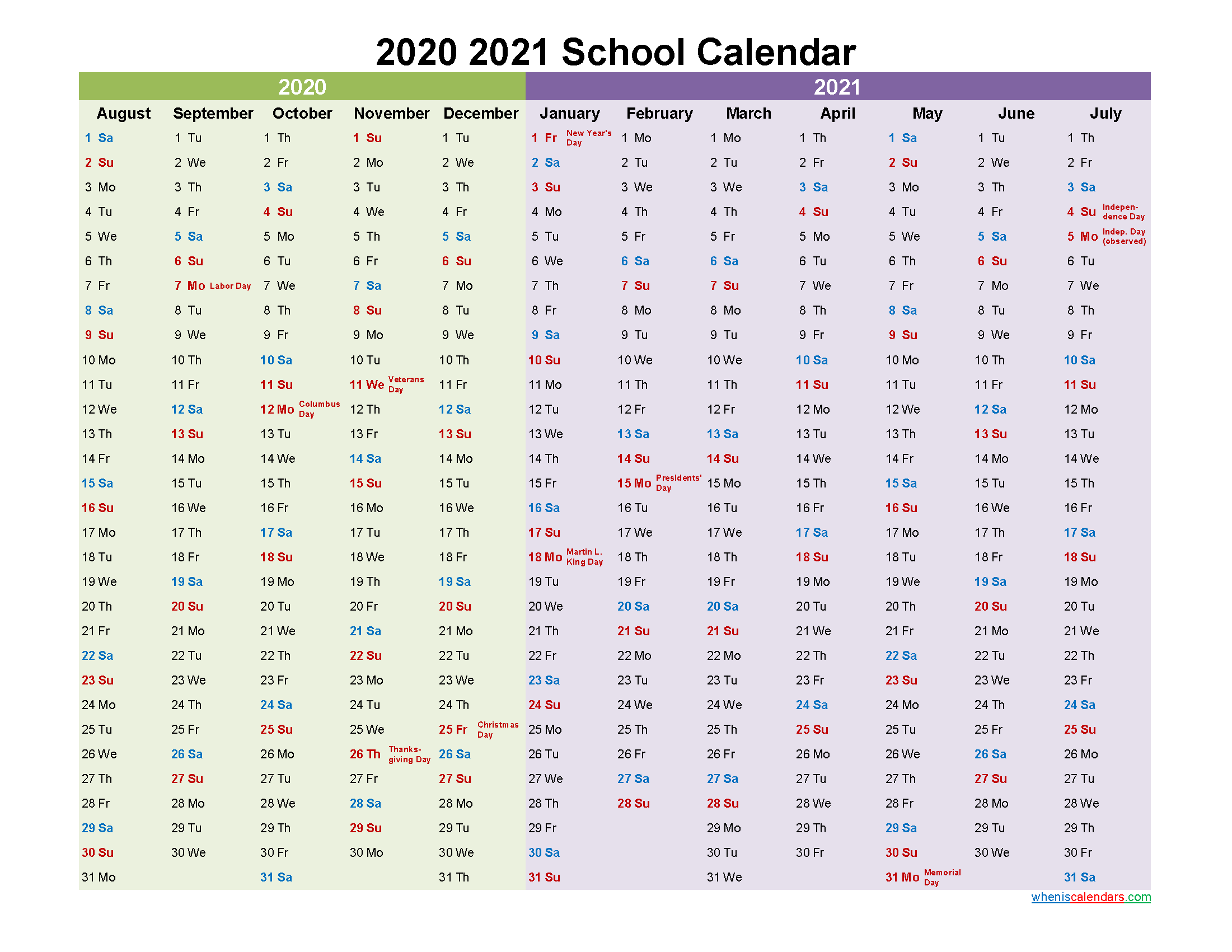 2020 and 2021 School Calendar Printable - Template No.21scl44