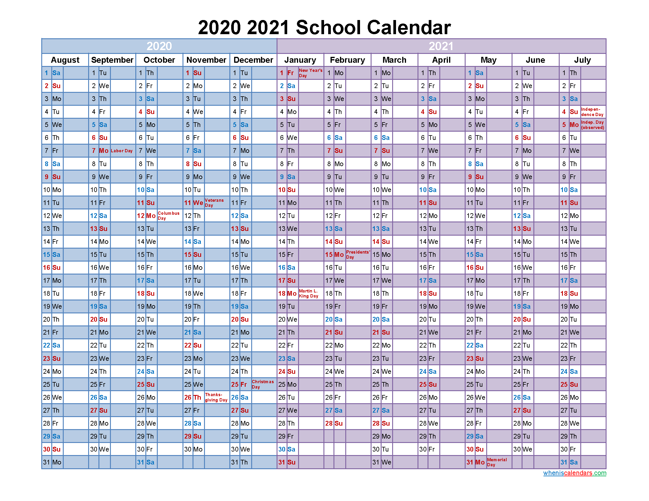 2020 and 2021 School Calendar Printable - Template No.21scl53