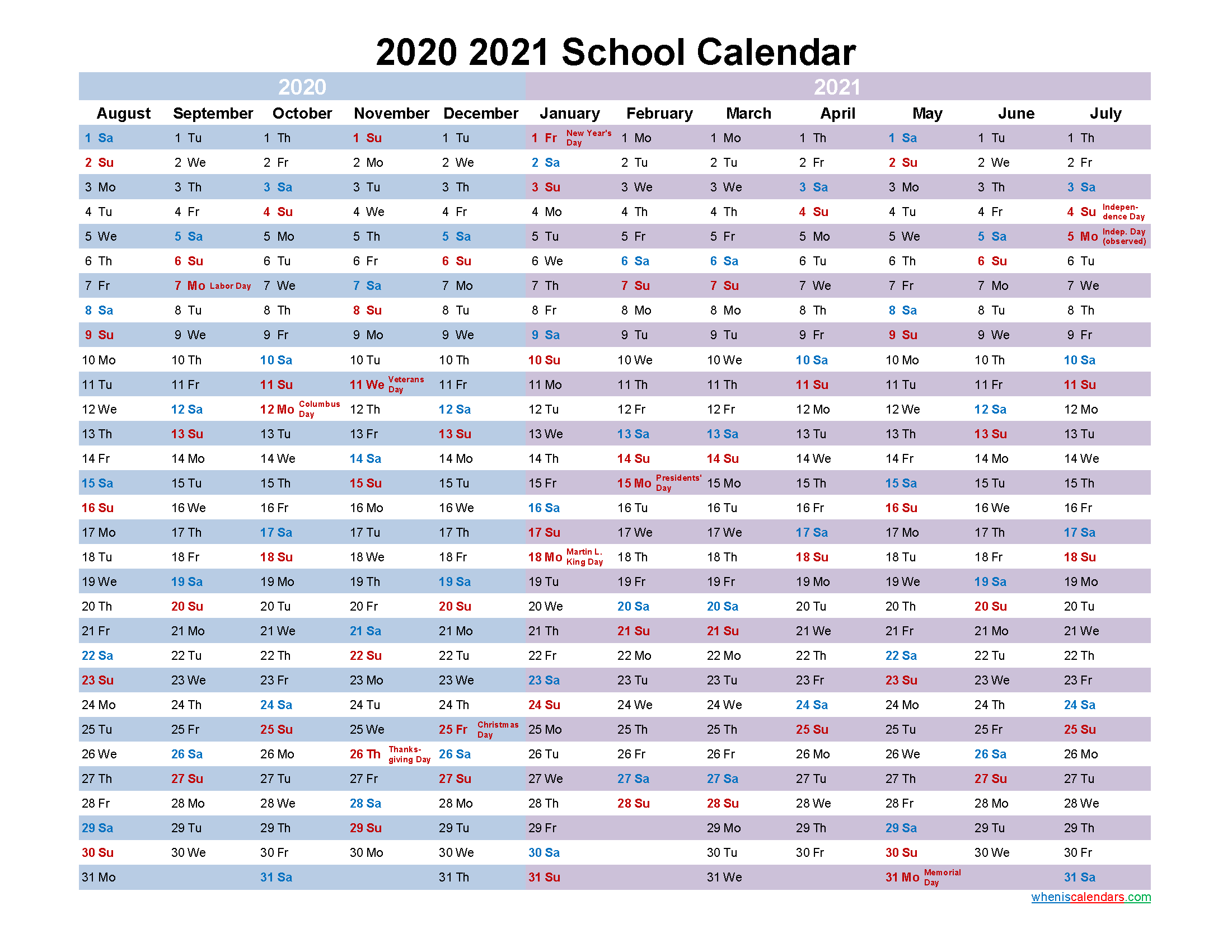 Free Printable 2020 And 2021 School Calendar