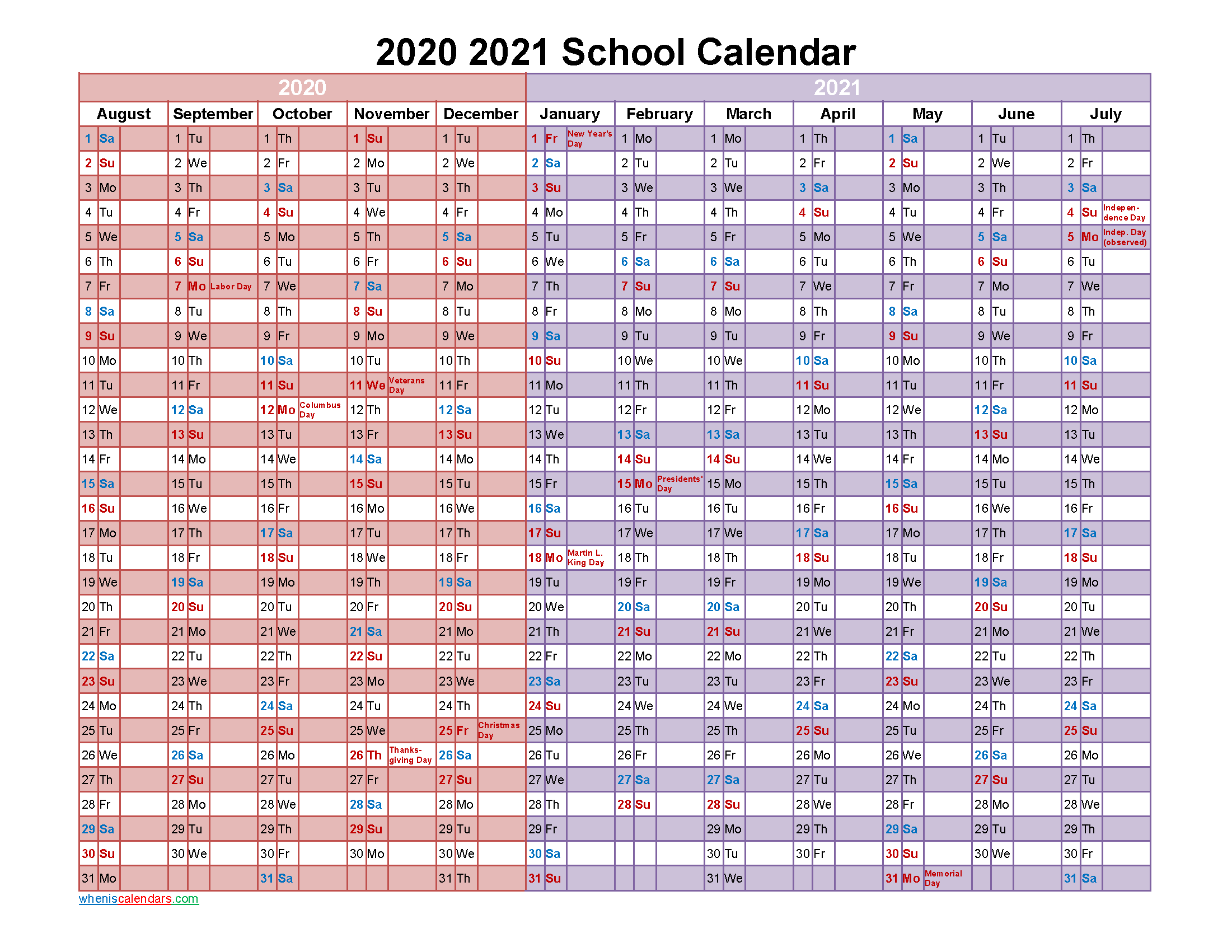 2020 and 2021 School Calendar Printable - Template No.21scl63