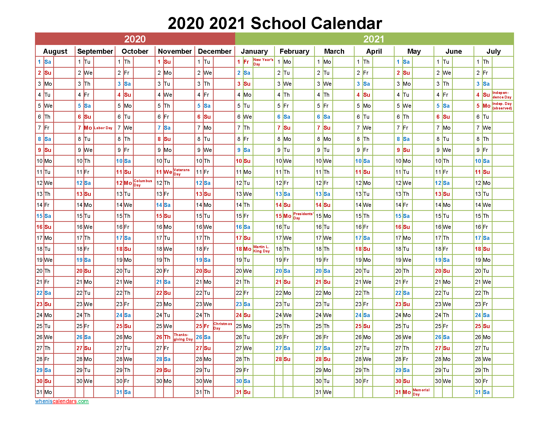 2020 and 2021 School Calendar Printable - Template No.21scl7