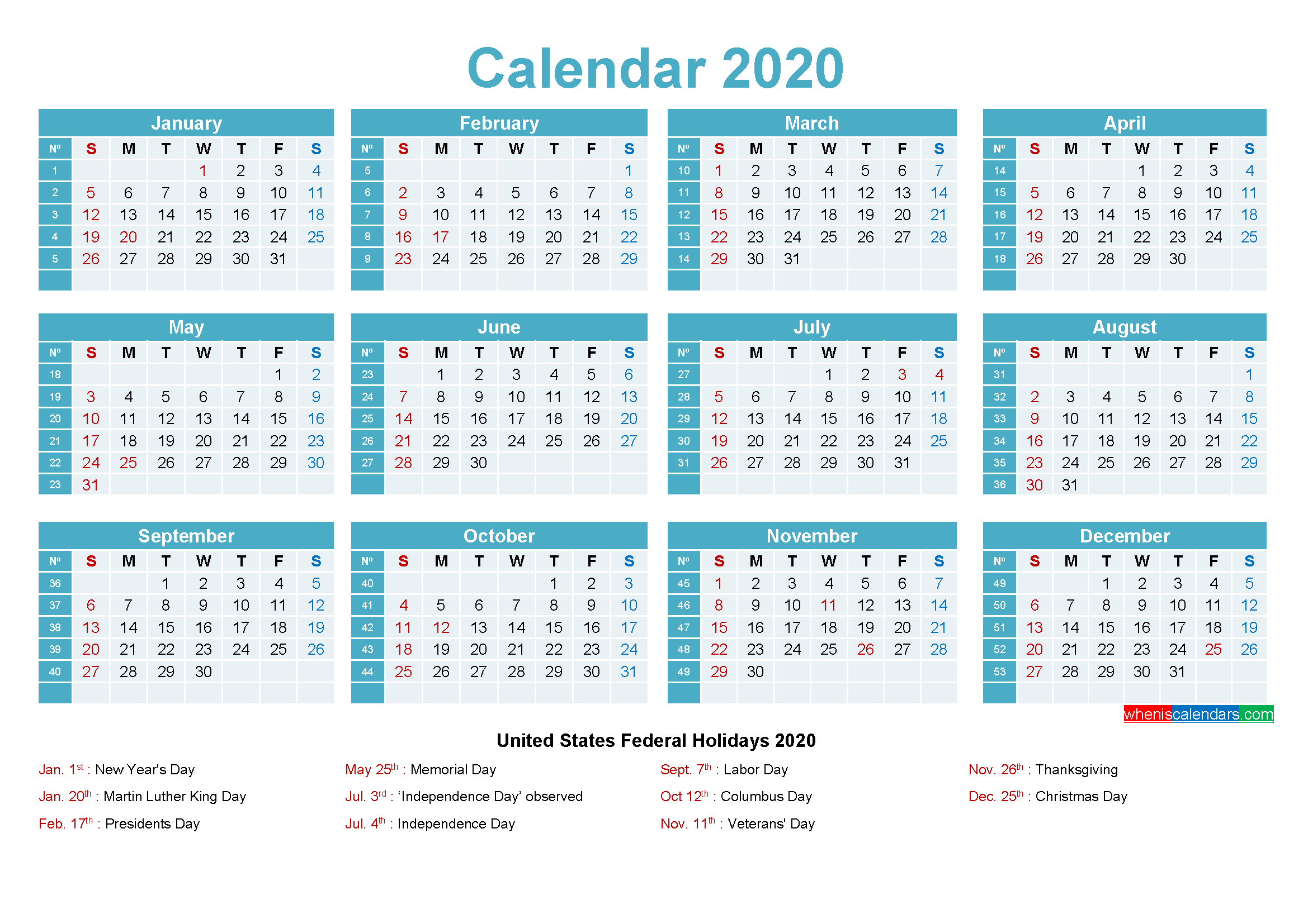 2020 Calendar with Holidays Printable Word, PDF