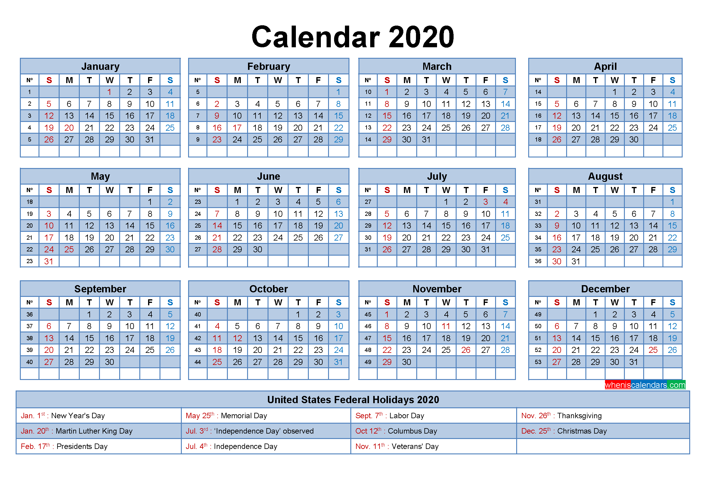 Free Printable Yearly 2020 Calendar with Holidays as Word, PDF