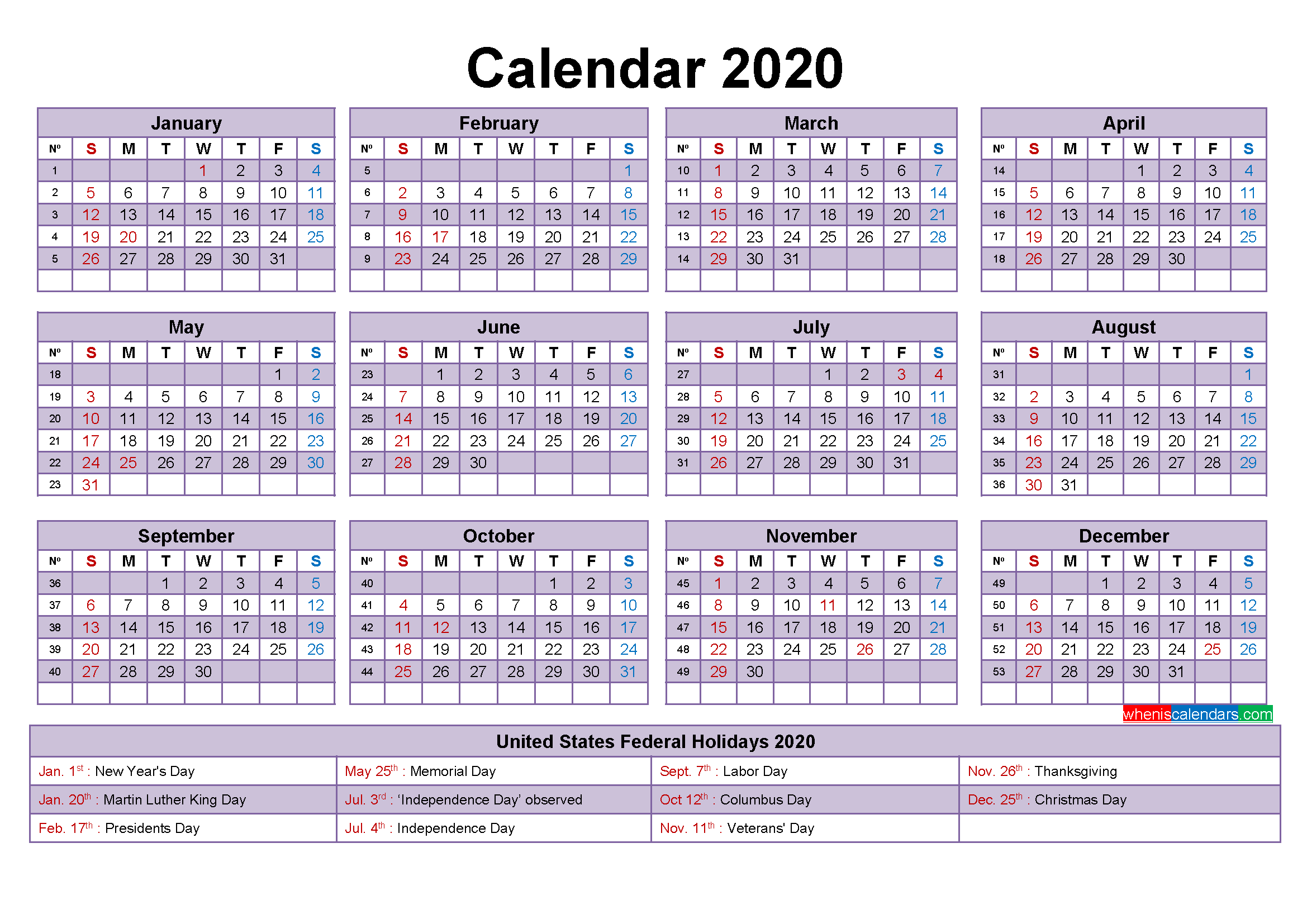 2020 Calendar with Holidays Template Word, PDF