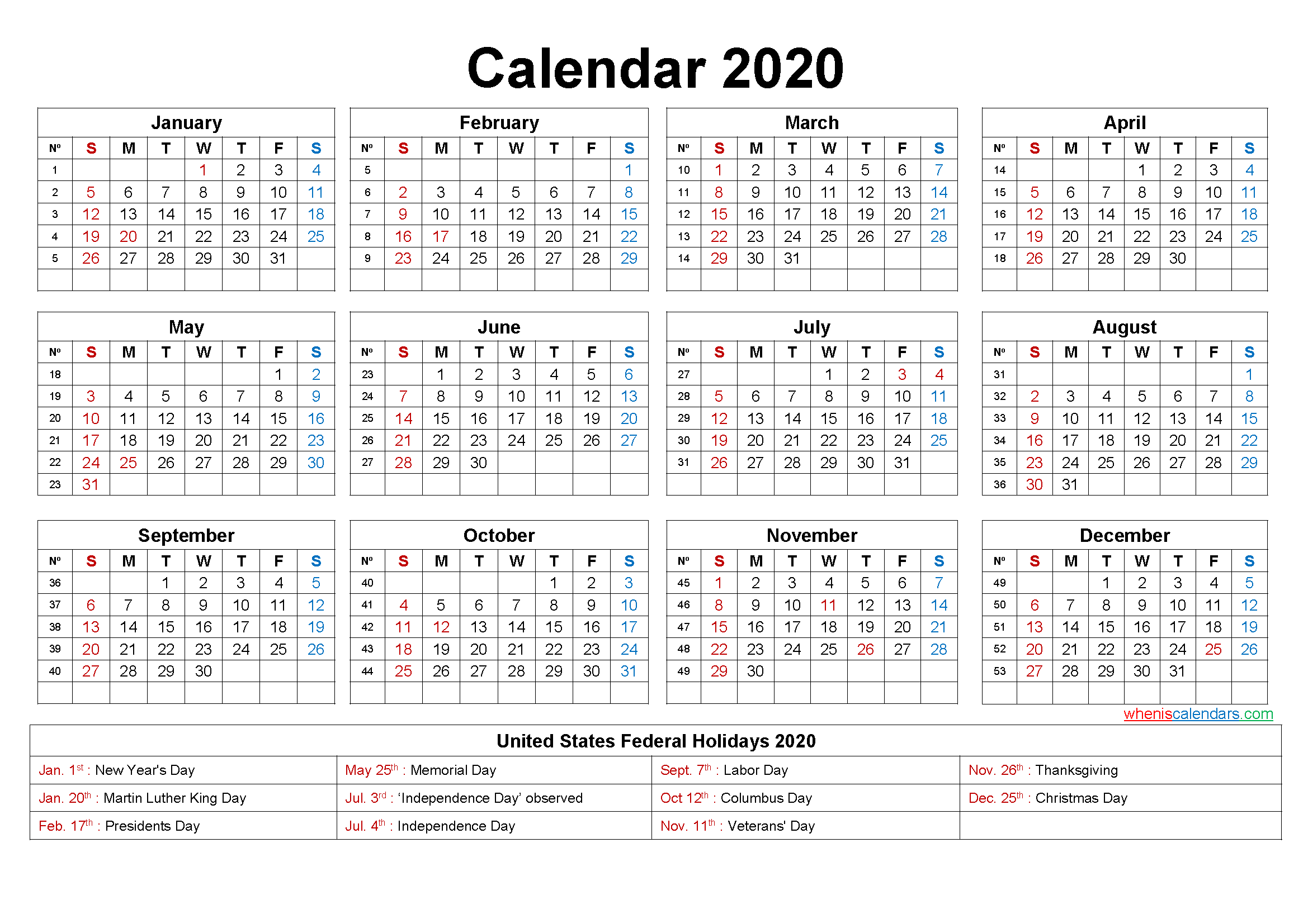 Free Yearly 2020 Calendar with Holidays Word, PDF - Free ...
