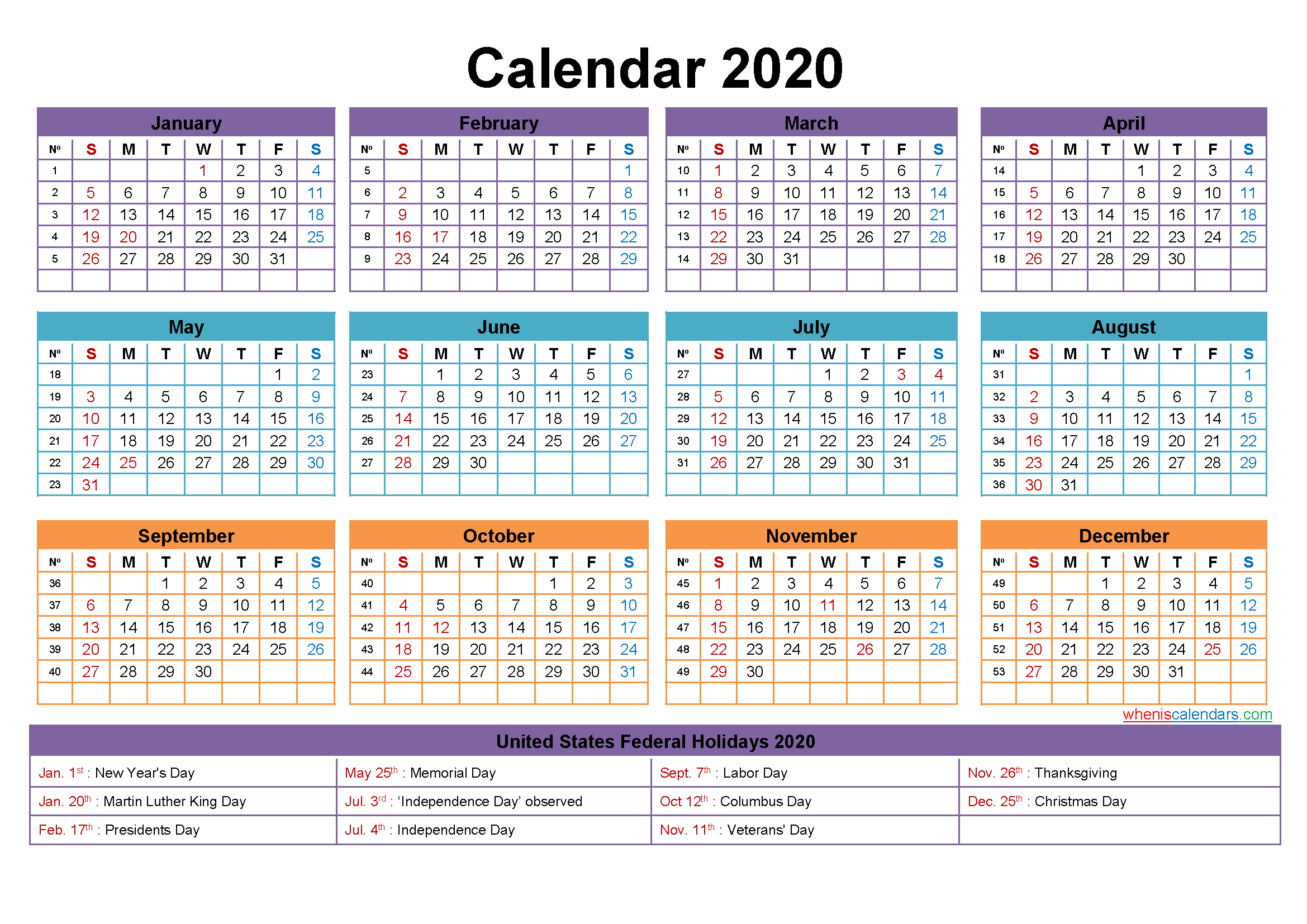 2020 Calendar with Holidays Template Word, PDF