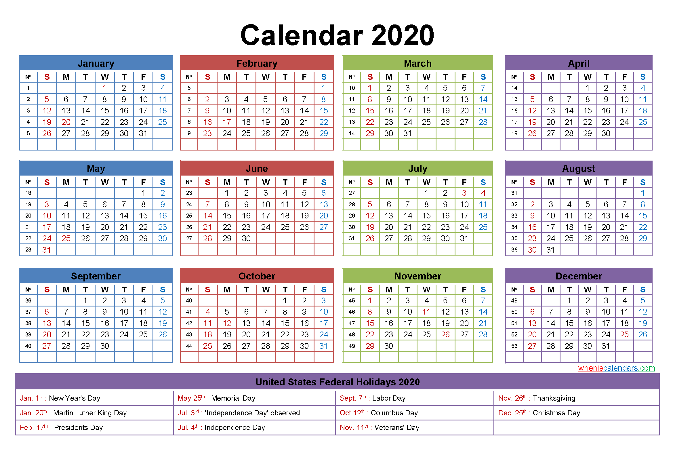 2020 Calendar with Holidays Printable Word, PDF - Free ...