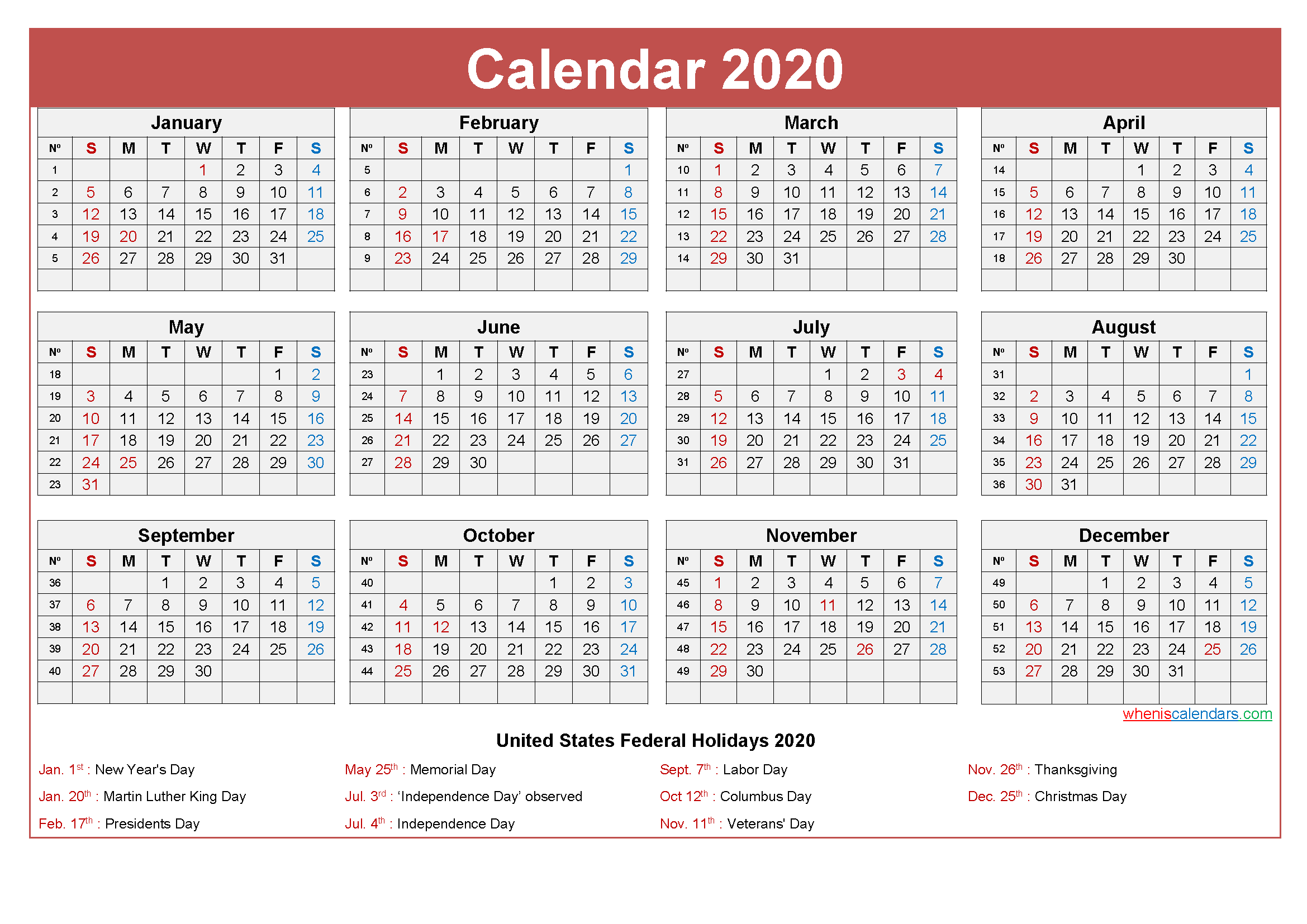 Free Yearly 2020 Calendar with Holidays Word, PDF
