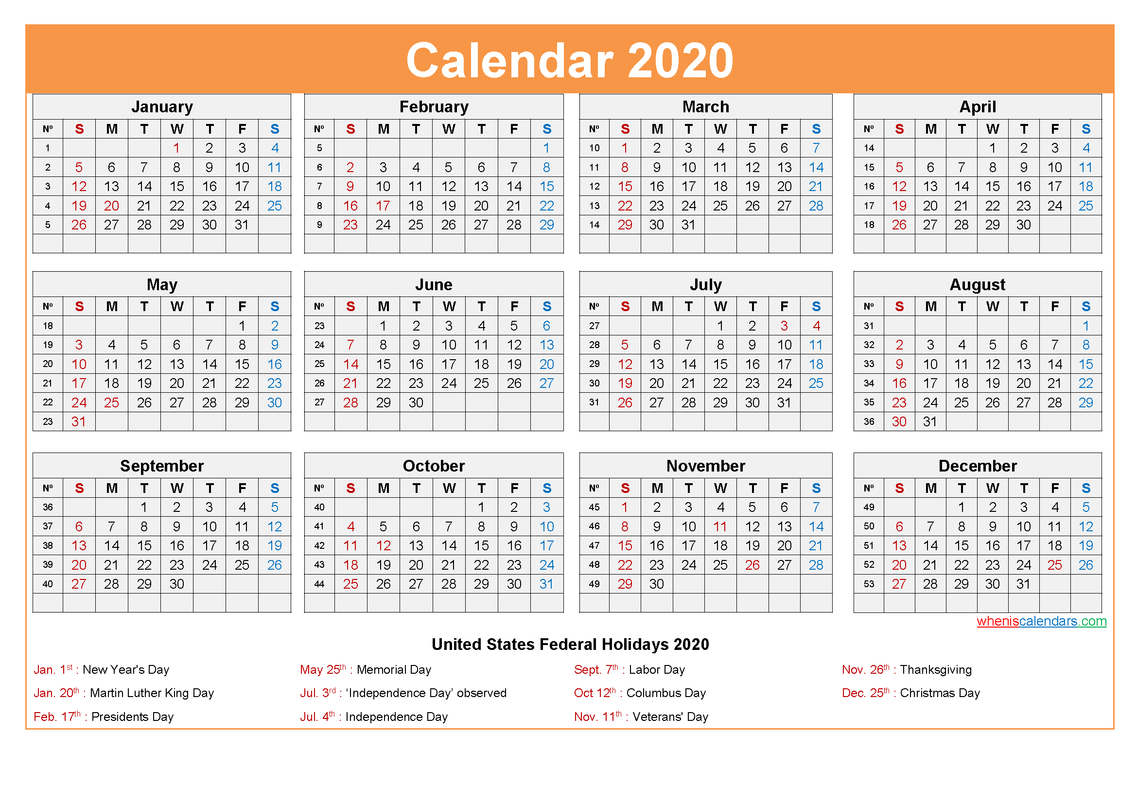 Free Printable 2020 Calendar with Holidays as Word, PDF