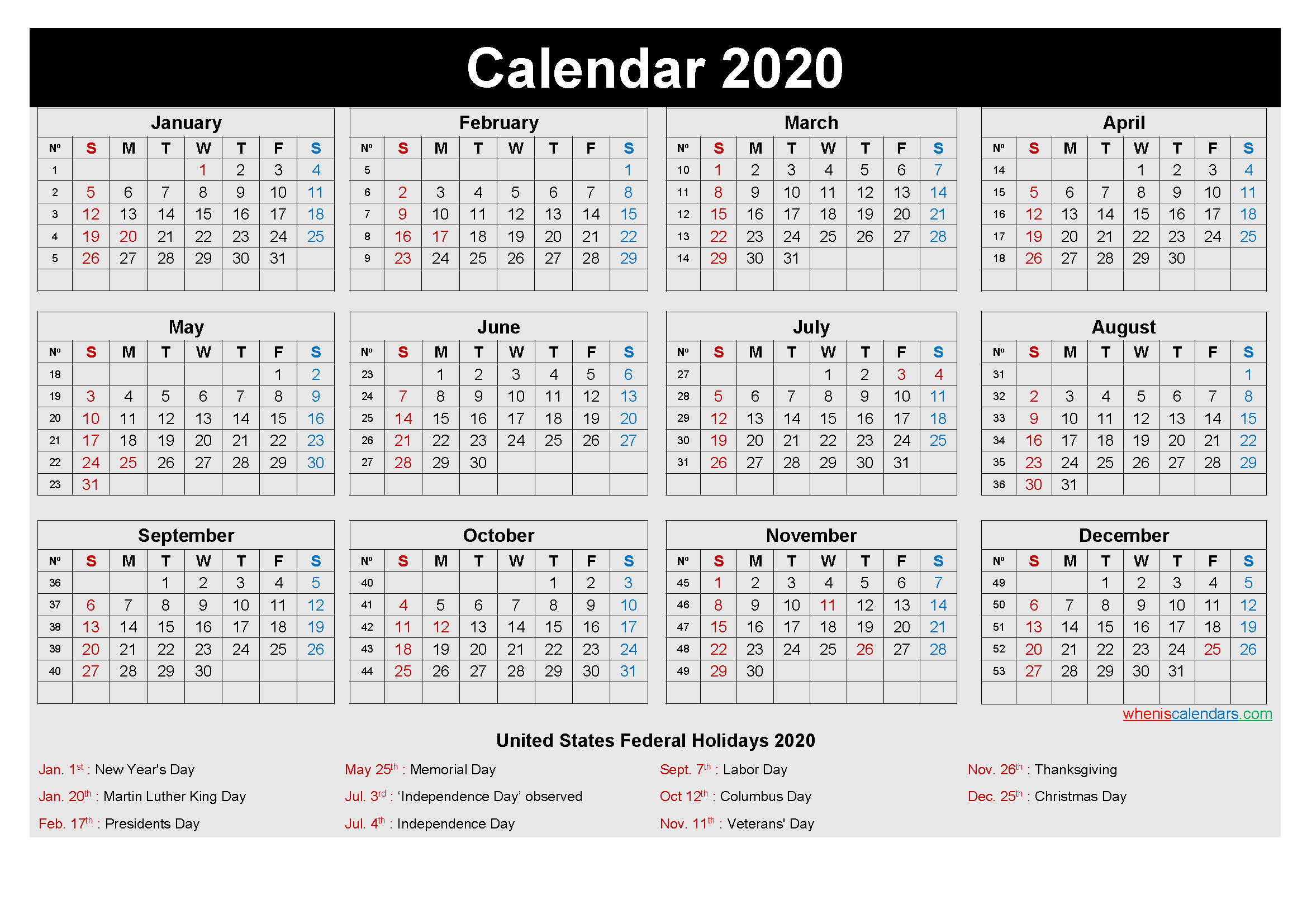 Free Printable Yearly 2020 Calendar with Holidays as Word, PDF
