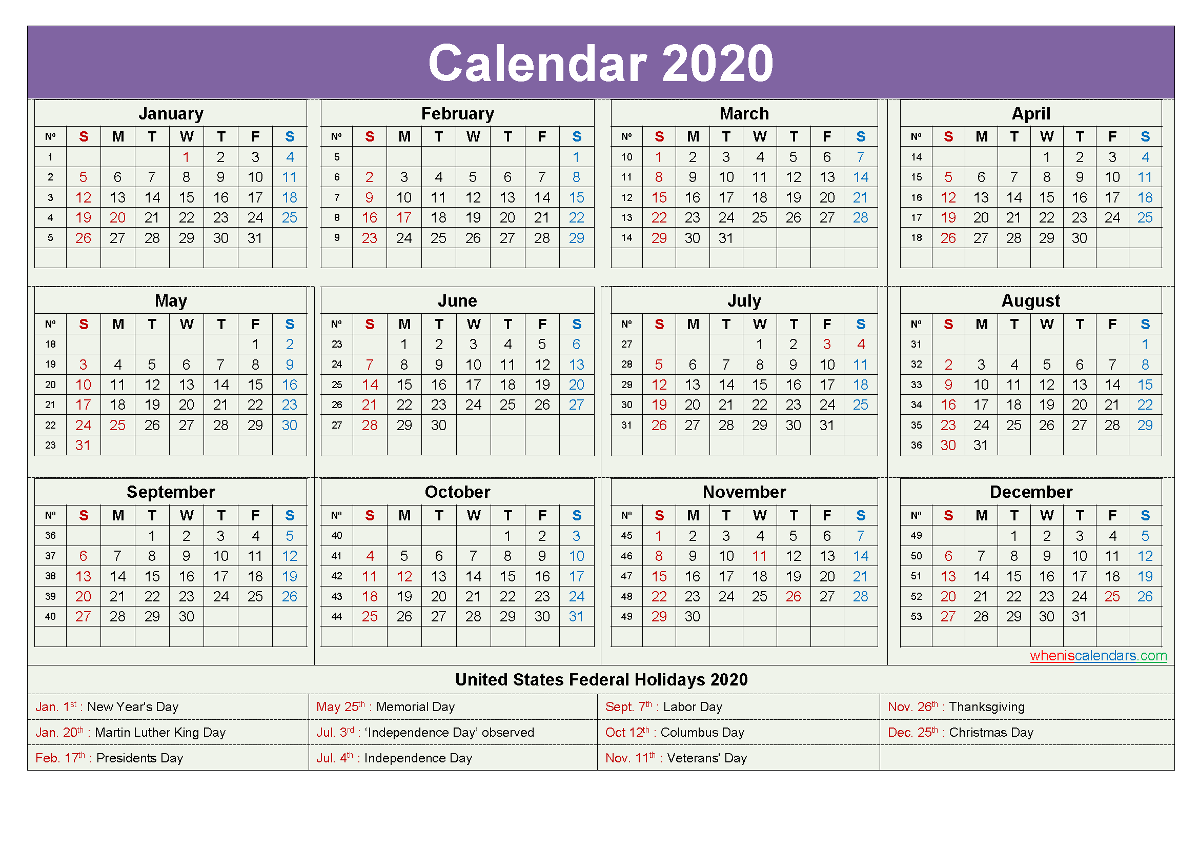 Printable Yearly 2020 Calendar with Holidays Word, PDF
