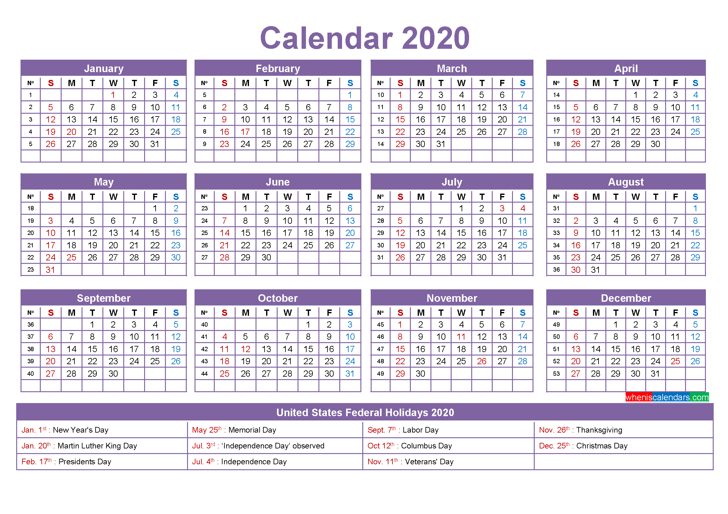 Printable Yearly 2020 Calendar with Holidays Word, PDF