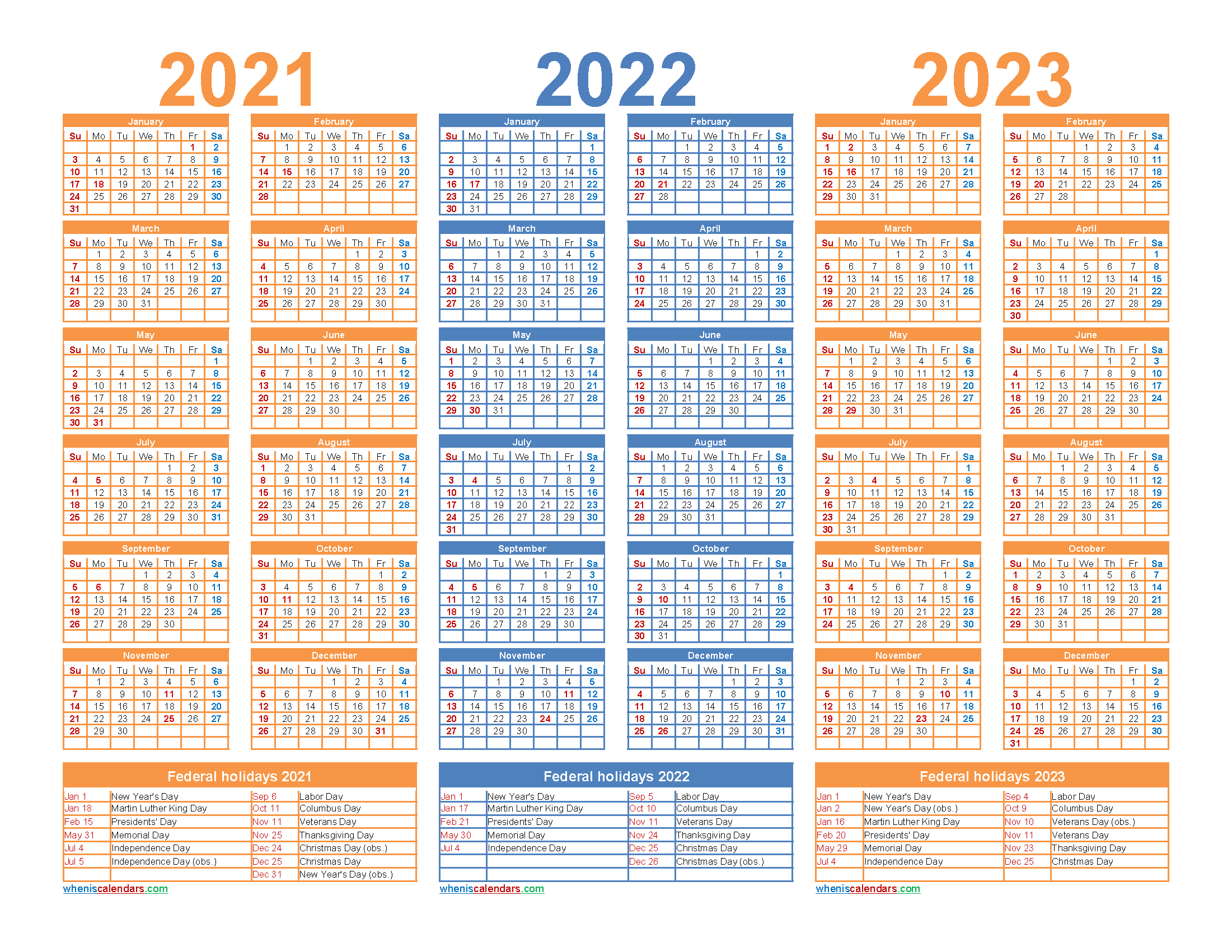 Printable 2021 2022 and 2023 Calendar with Holidays