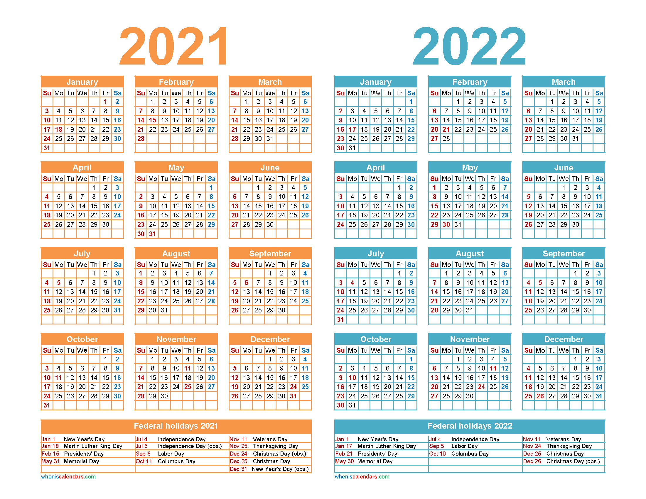2021 and 2022 Calendar Printable with Holidays - Free ...