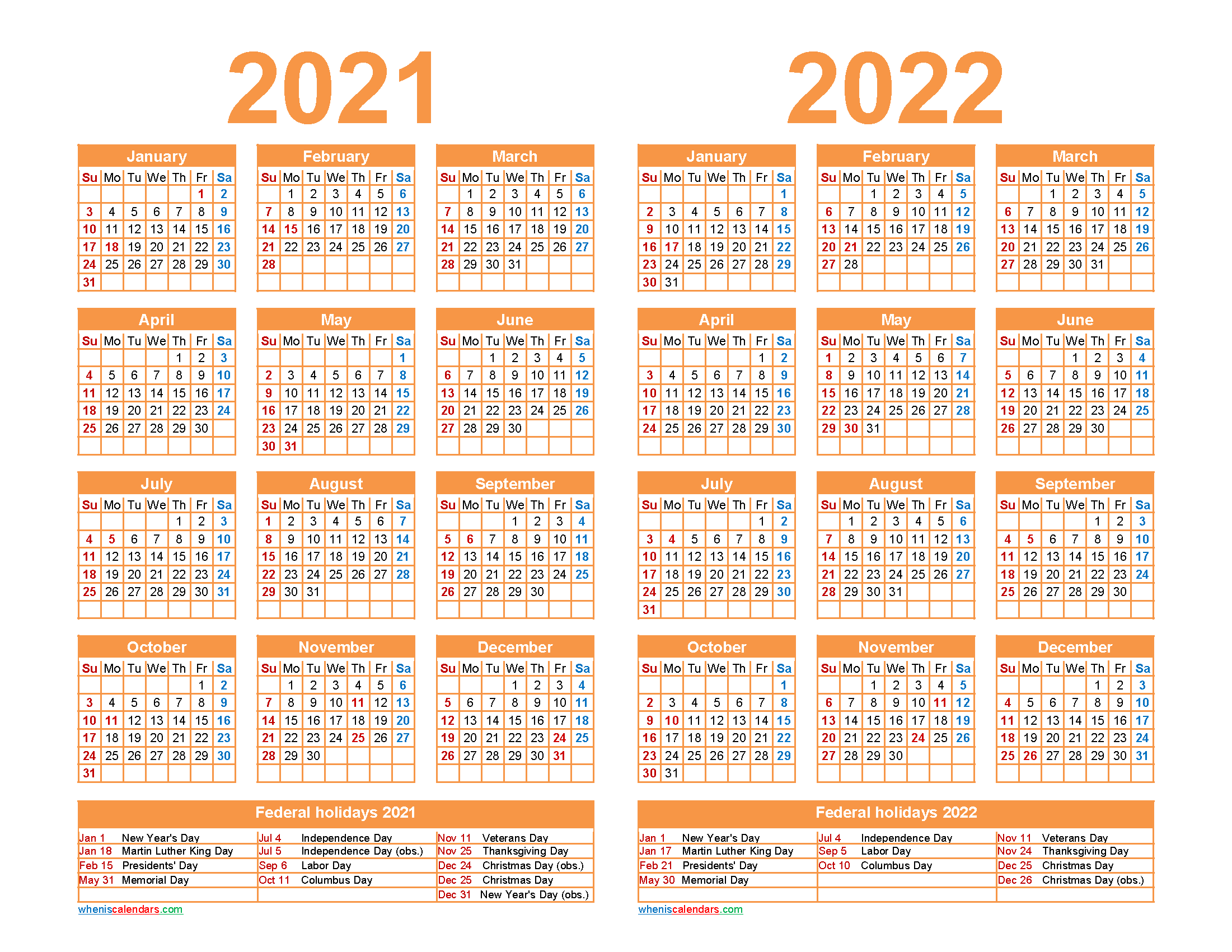 Free 2021 and 2022 Calendar Printable with Holidays