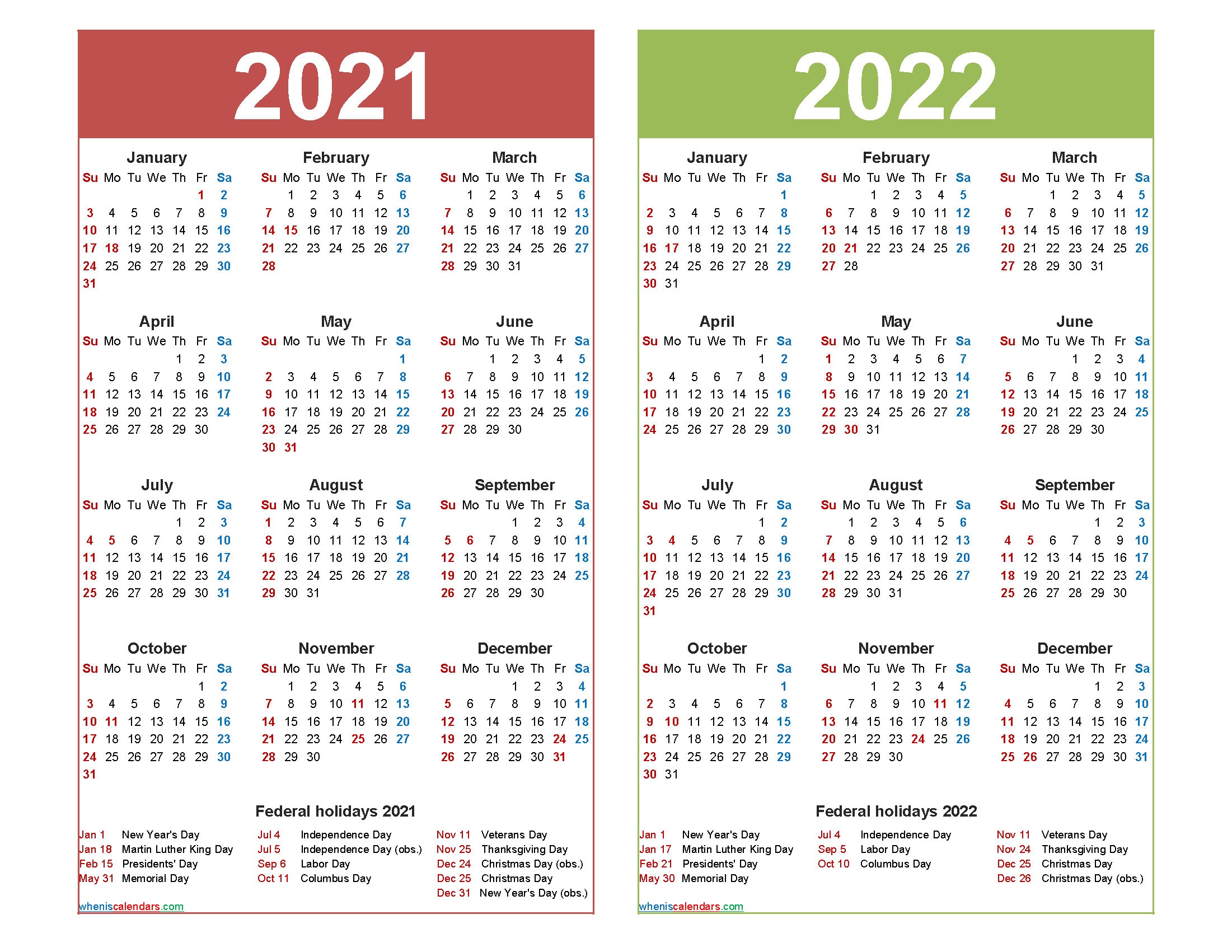 2021 and 2022 Calendar Printable Word, PDF