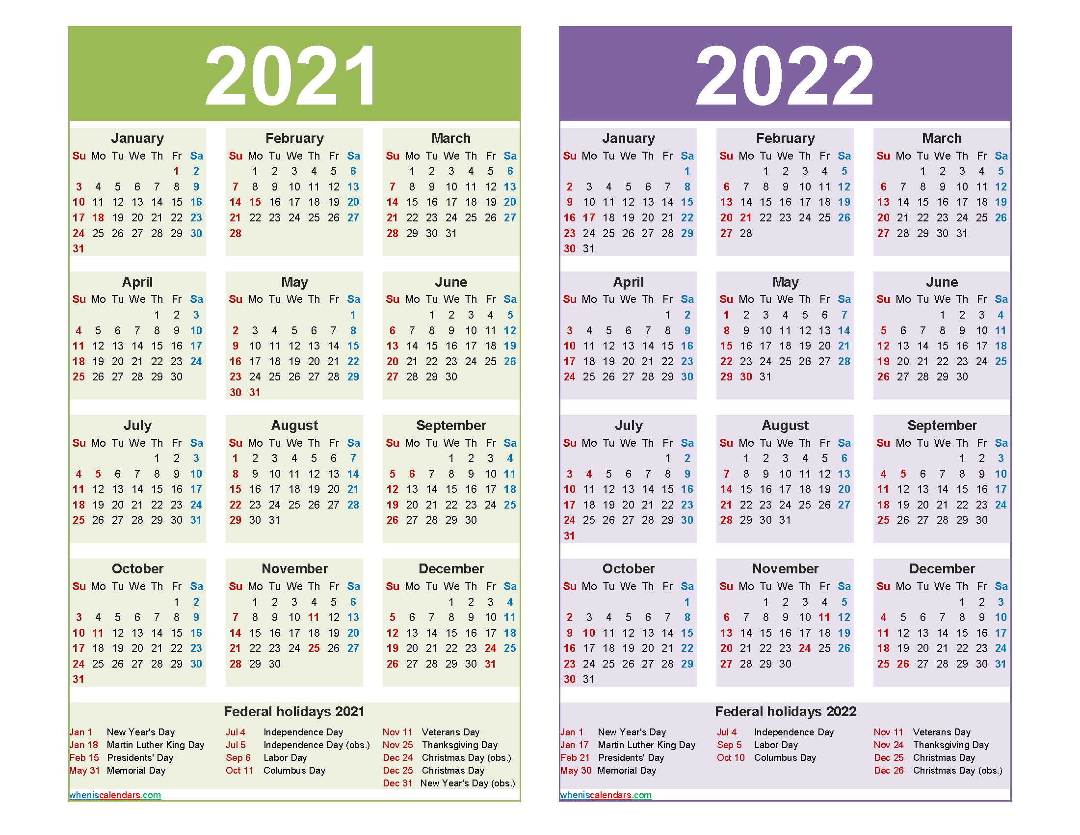 2021 2022 calendar printable with holidays free