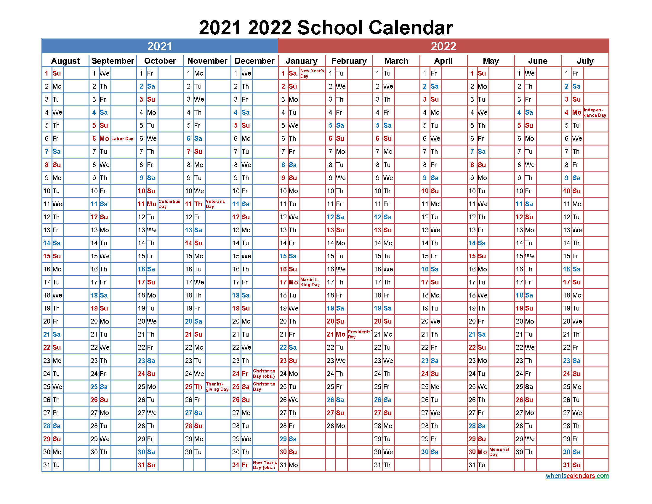 2021 and 2022 School Calendar Printable - Template No.22scl1