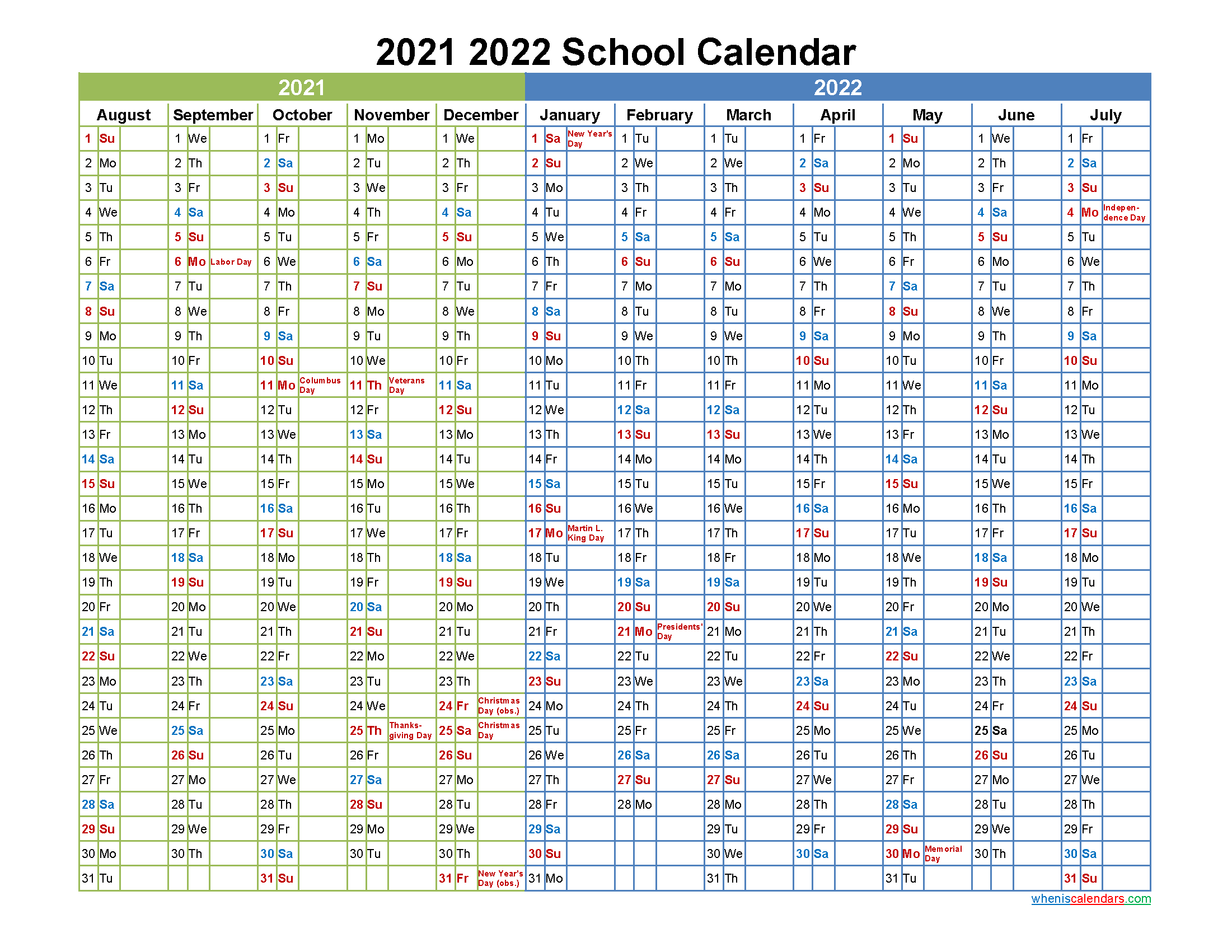 2021 and 2022 School Calendar Printable - Template No.22scl11