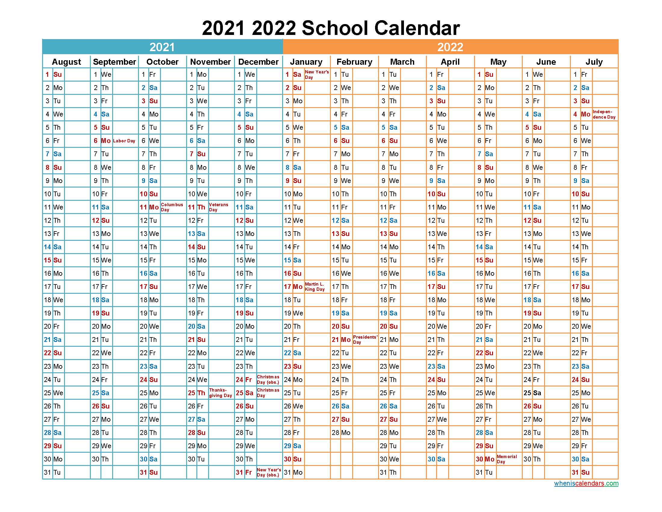 2021 and 2022 School Calendar Printable - Template No.22scl18