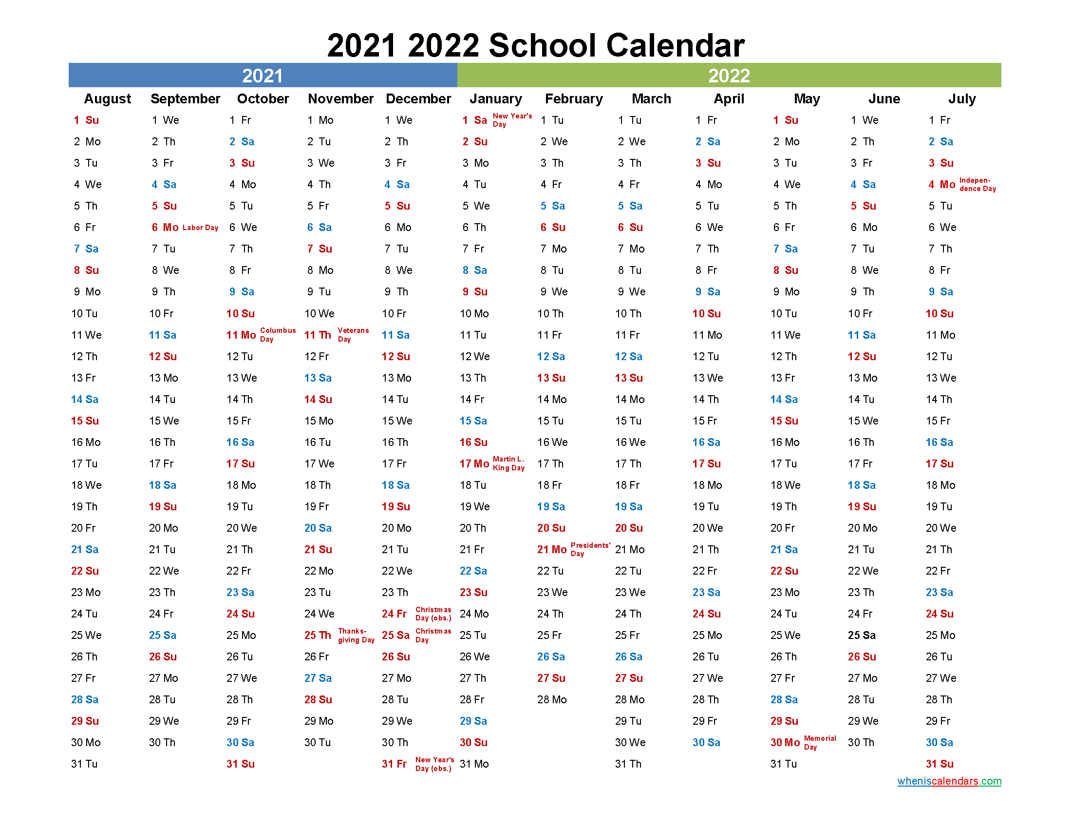2021 and 2022 School Calendar Printable - Template No.22scl21
