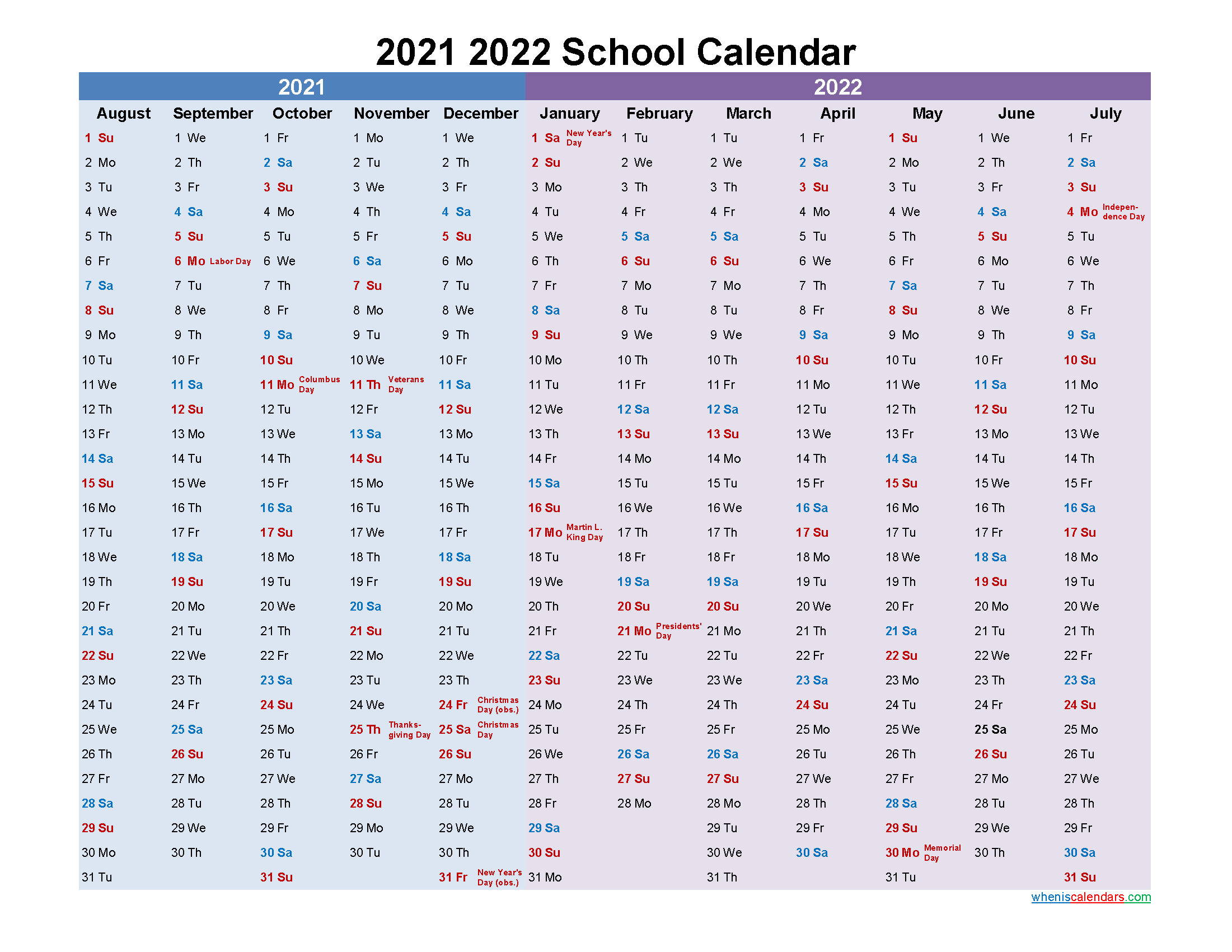 2021 and 2022 School Calendar Printable - Template No.22scl24 preview, scro...
