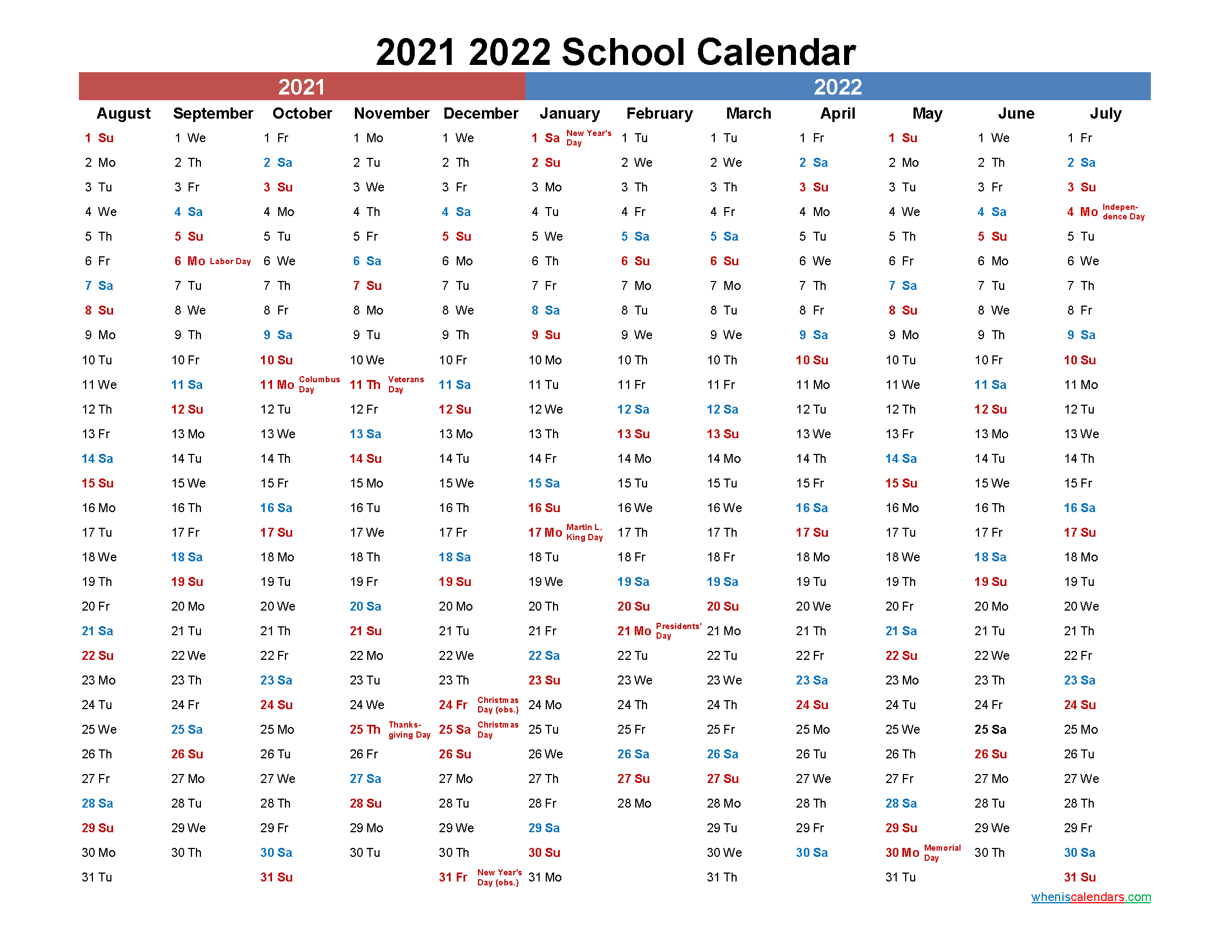 2021 and 2022 School Calendar Printable - Template No.22scl29