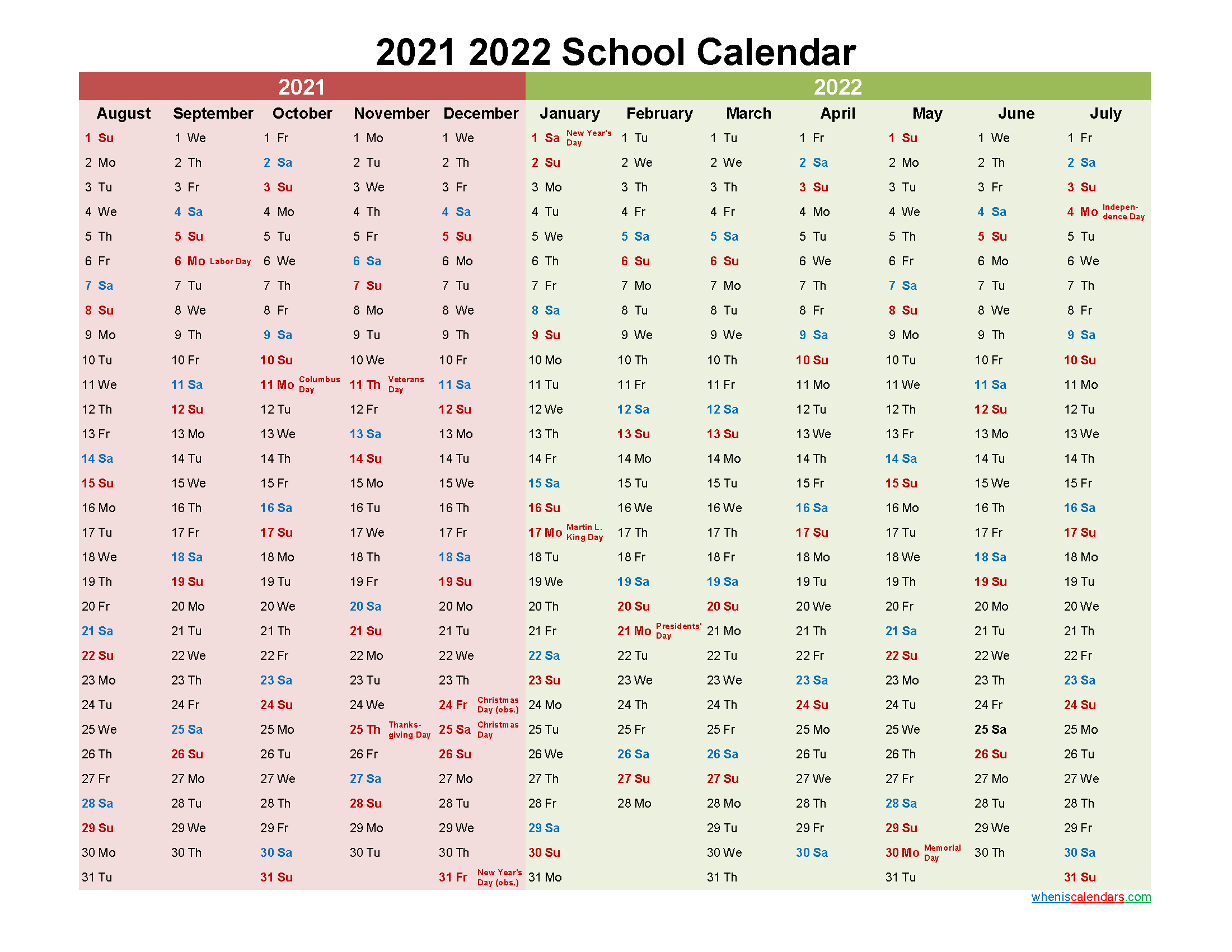 2021 and 2022 School Calendar Printable - Template No.22scl32