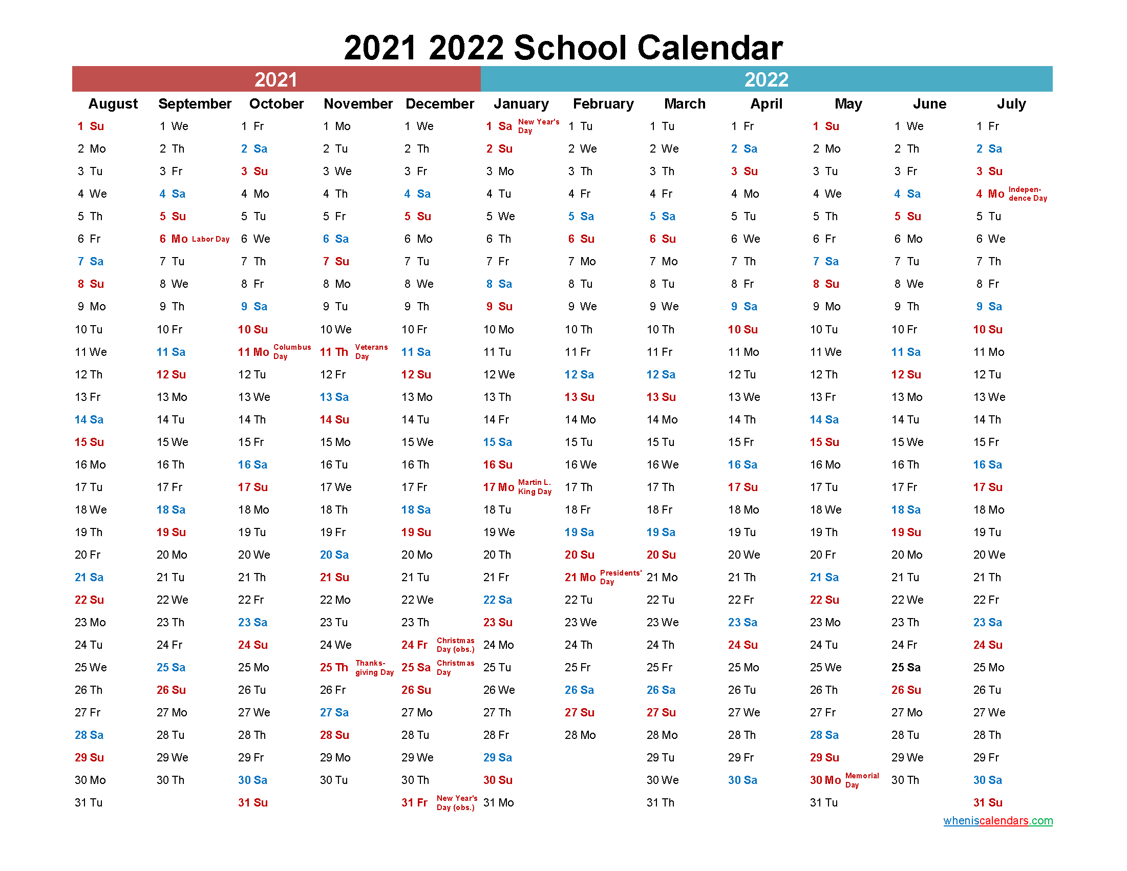 2021 and 2022 School Calendar Printable - Template No.22scl35