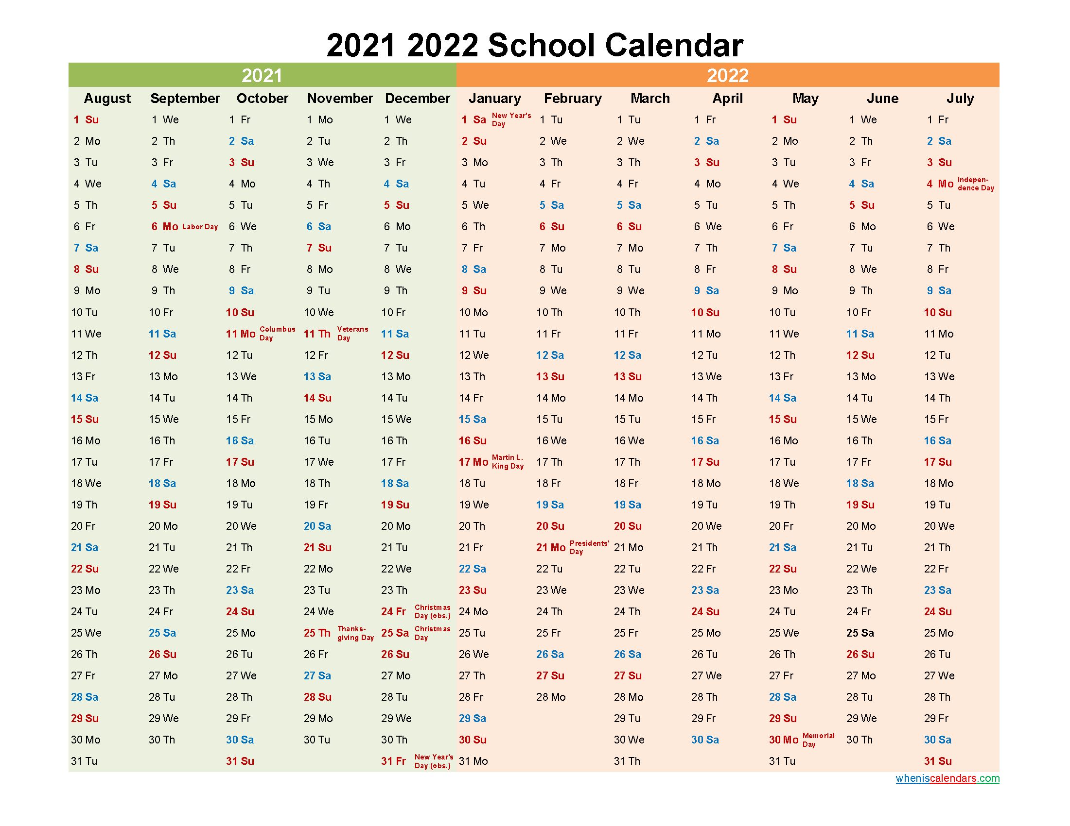 2021 and 2022 School Calendar Printable - Template No.22scl48