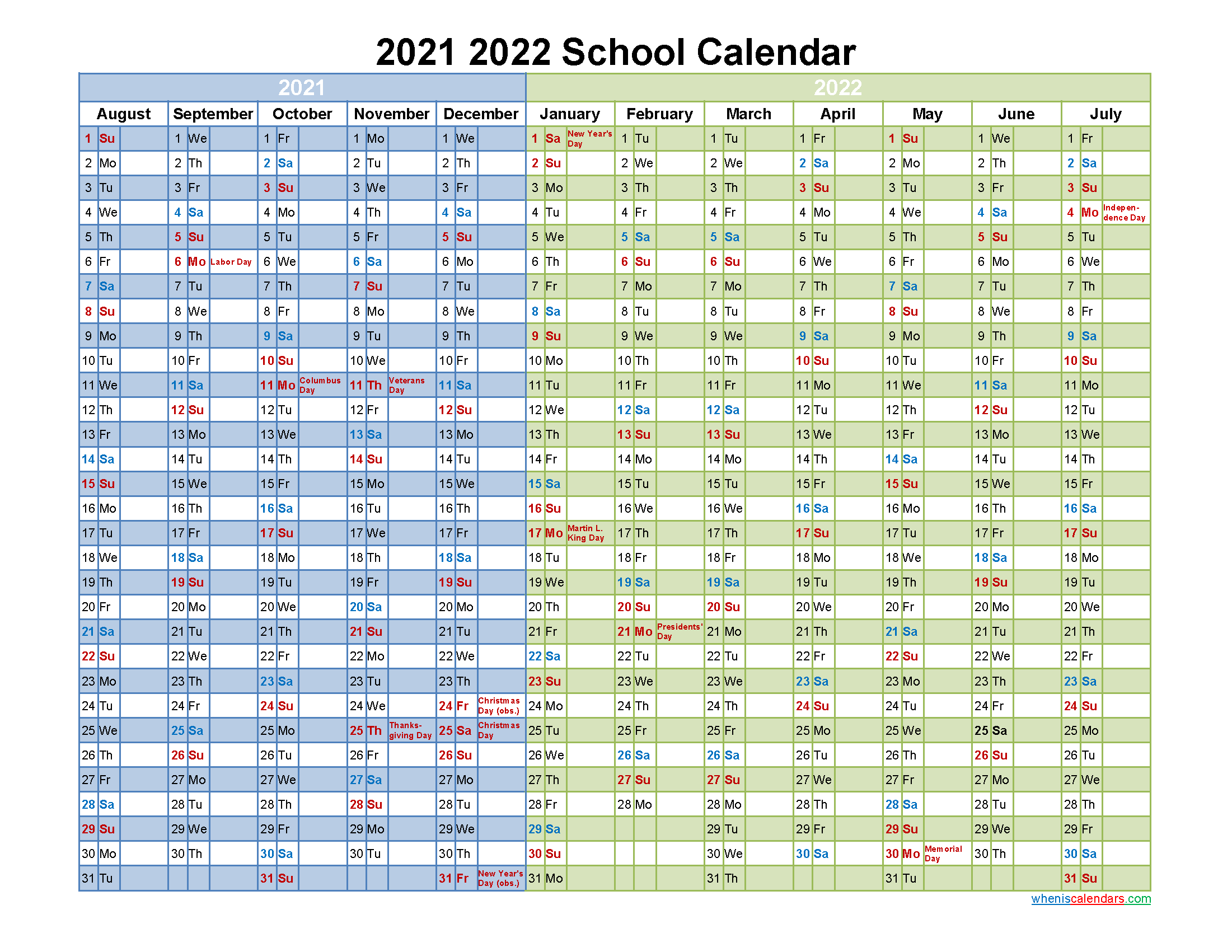 2021 and 2022 School Calendar Printable - Template No.22scl51