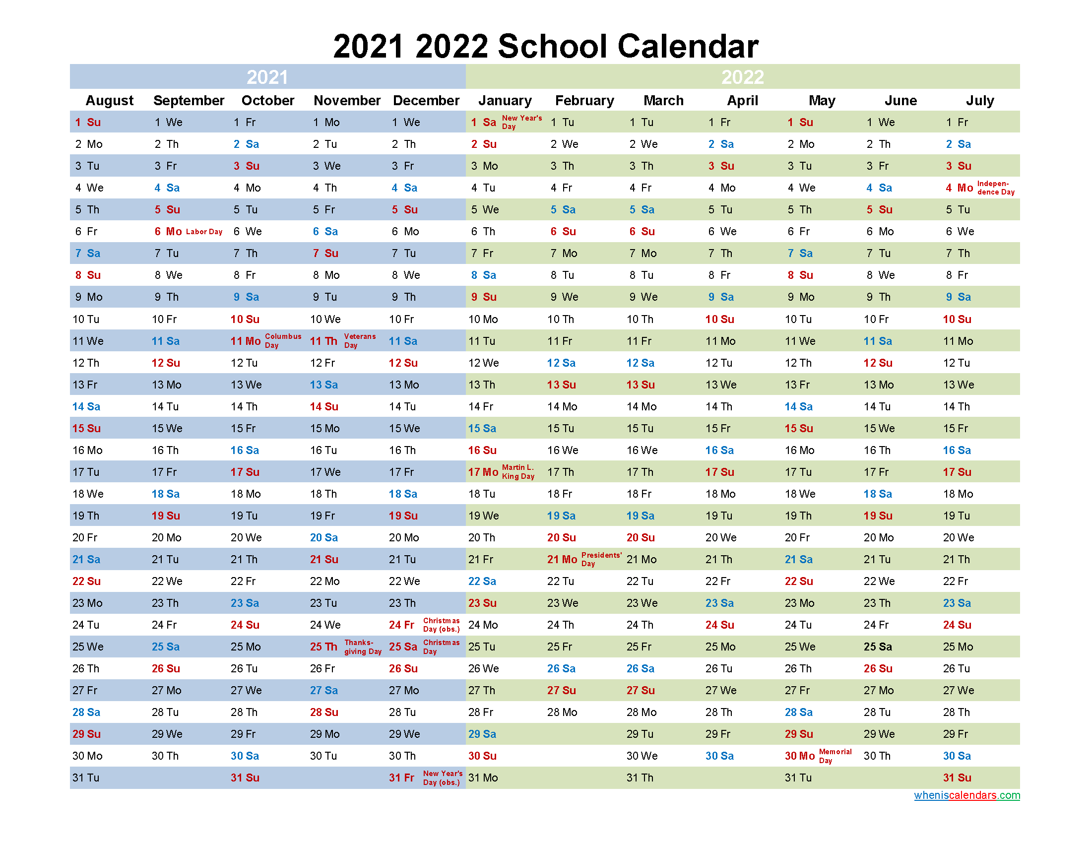 2021 and 2022 School Calendar Printable - Template No.22scl52