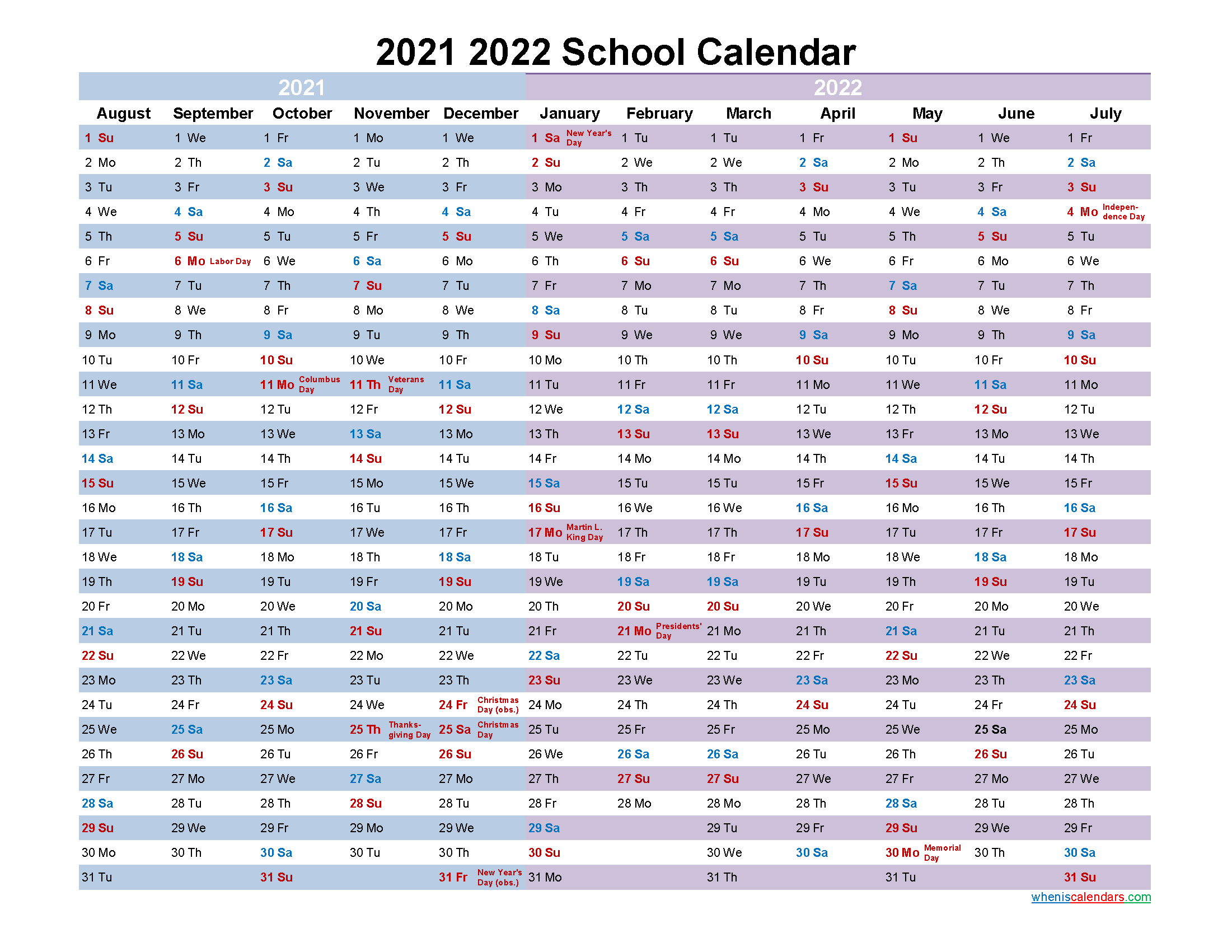2021 and 2022 School Calendar Printable - Template No.22scl54
