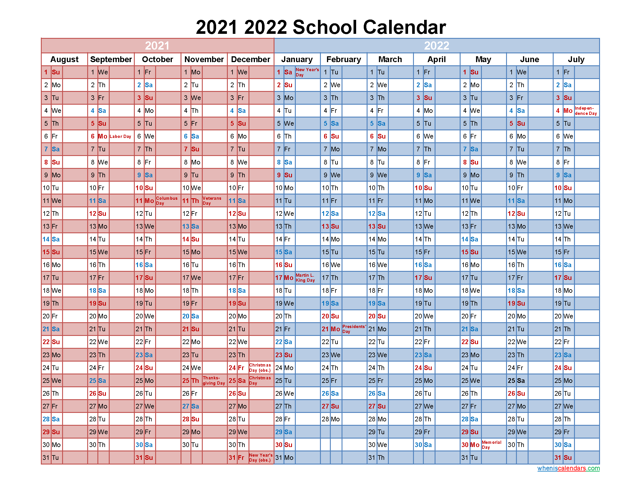 2021 and 2022 School Calendar Printable - Template No.22scl59