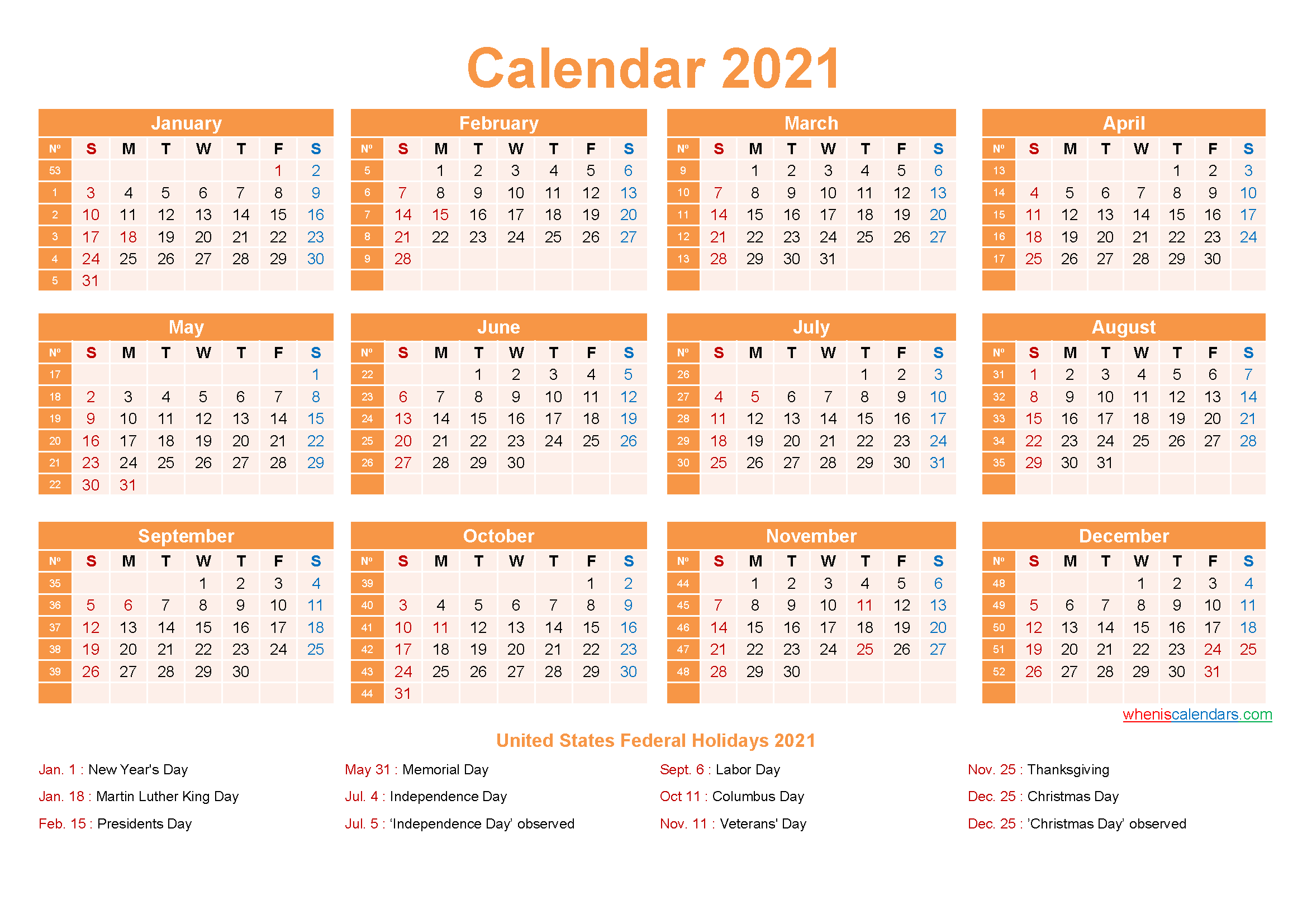 Free Printable 2021 Calendar With Holidays As Word Pdf Free