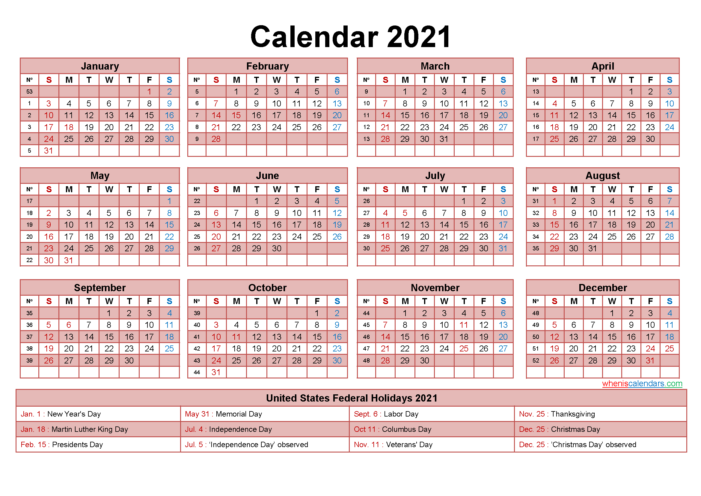 Small Desk Calendar 2021 with Holidays