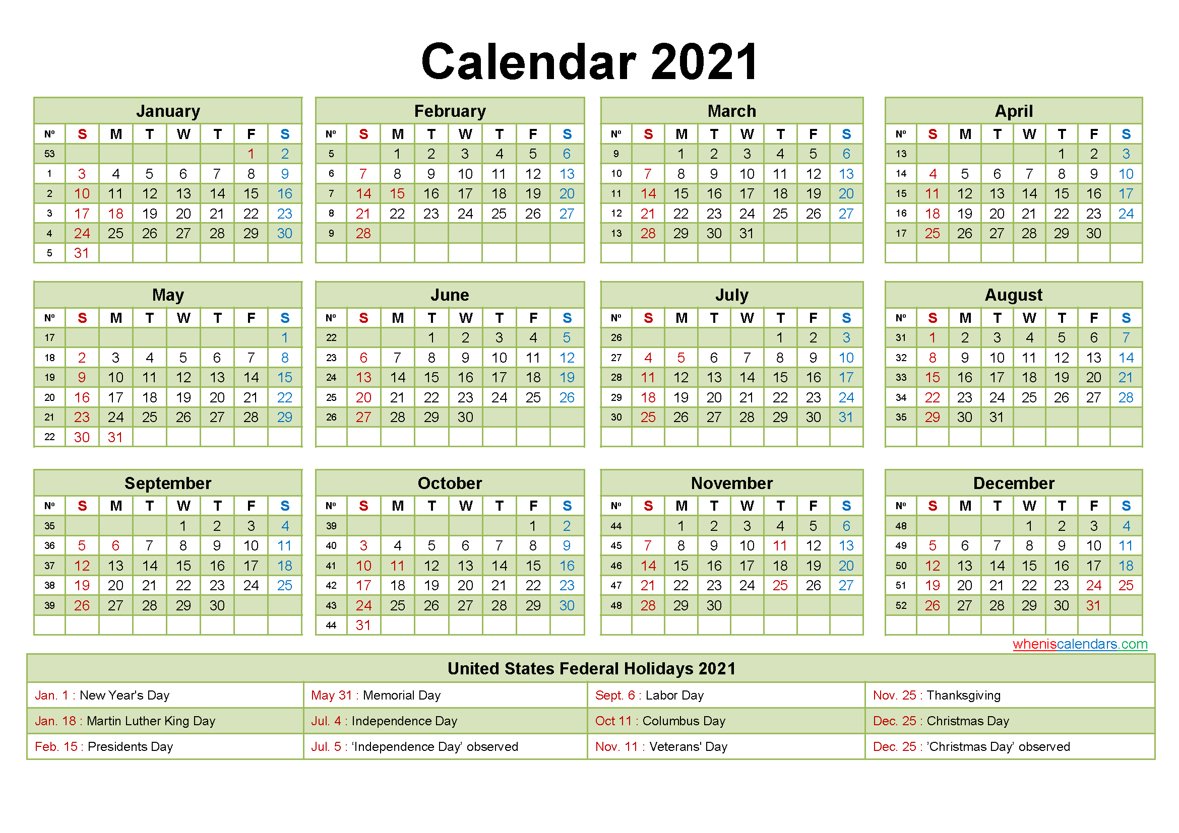 Printable Yearly 2021 Calendar with Holidays Word, PDF